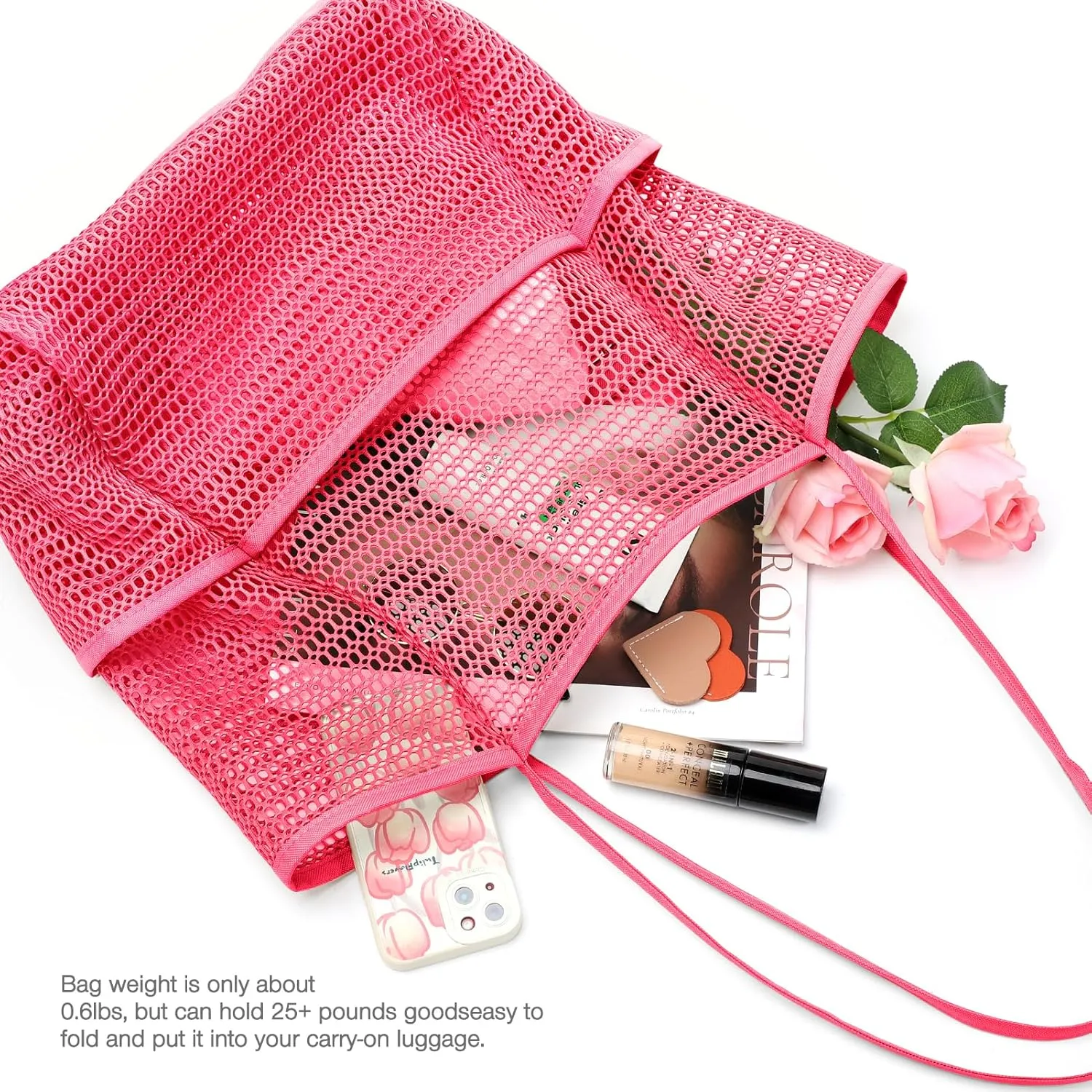 KPX Beach Bag with Mini Pocket, Beach Tote Bags for Women Large Foldable Mesh Swimming Pool Travel Bags - Sandproof