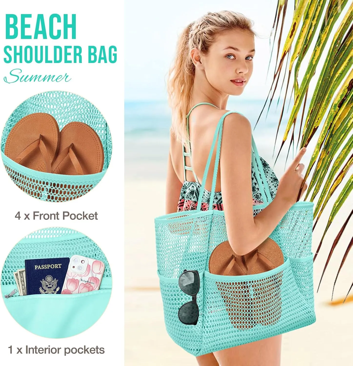 KPX Beach Bag with Mini Pocket, Beach Tote Bags for Women Large Foldable Mesh Swimming Pool Travel Bags - Sandproof