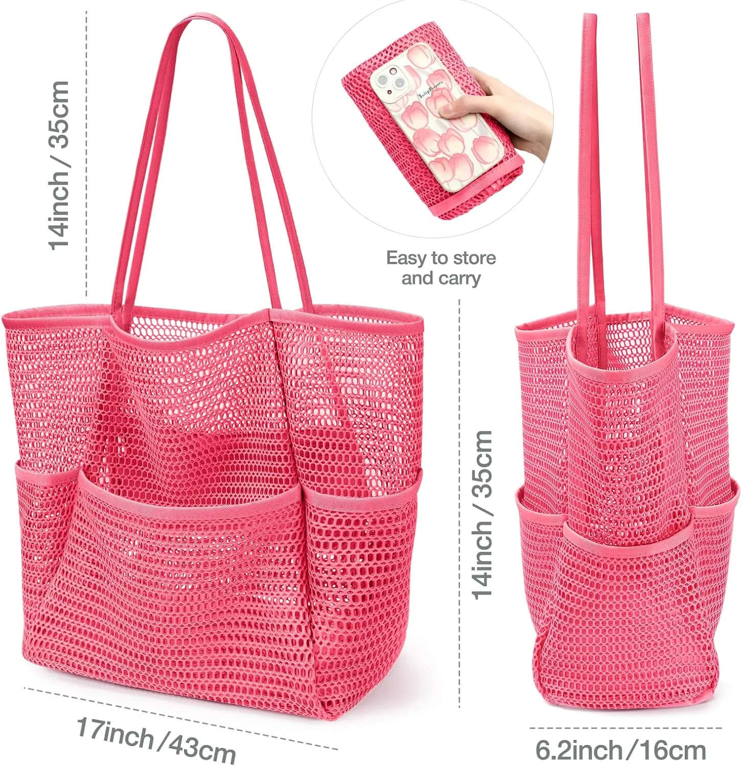 KPX Beach Bag with Mini Pocket, Beach Tote Bags for Women Large Foldable Mesh Swimming Pool Travel Bags - Sandproof