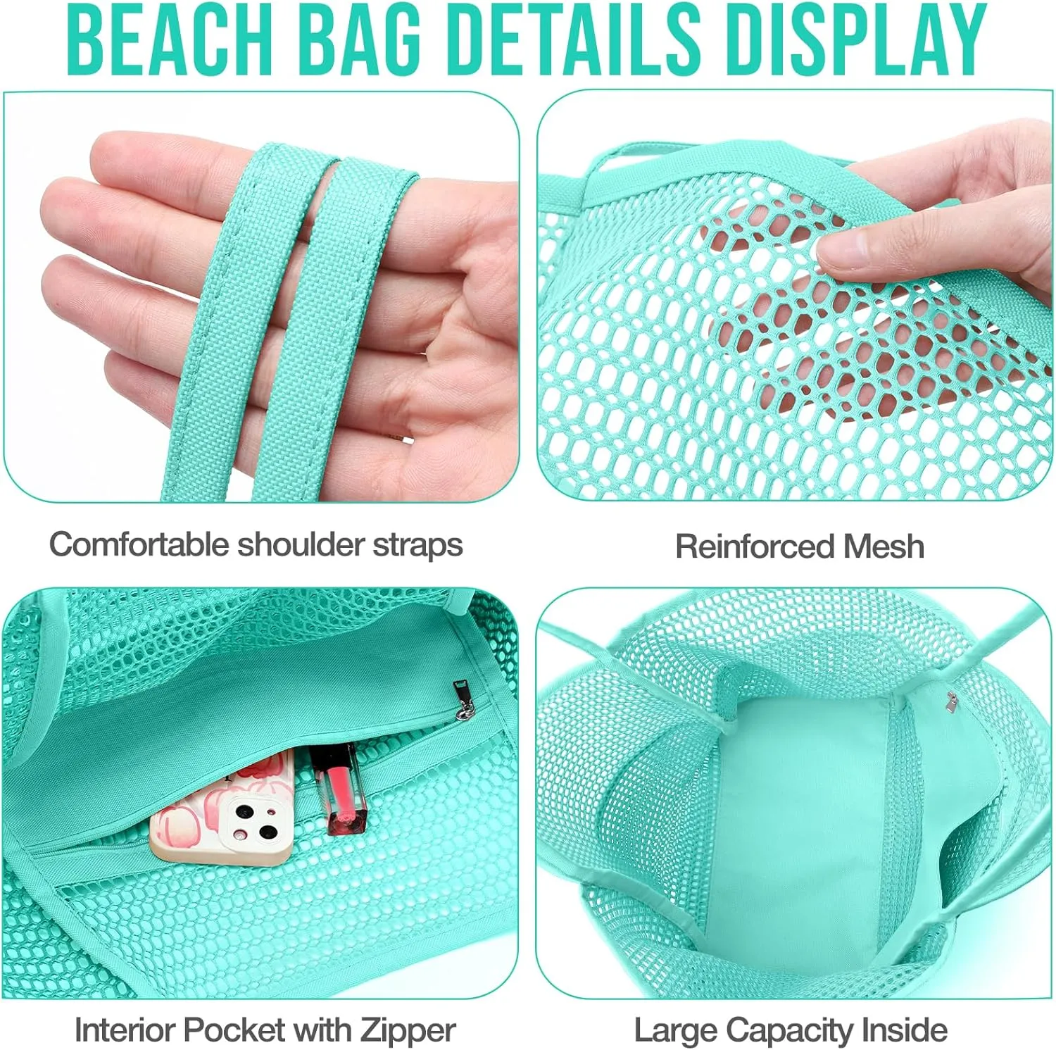 KPX Beach Bag with Mini Pocket, Beach Tote Bags for Women Large Foldable Mesh Swimming Pool Travel Bags - Sandproof