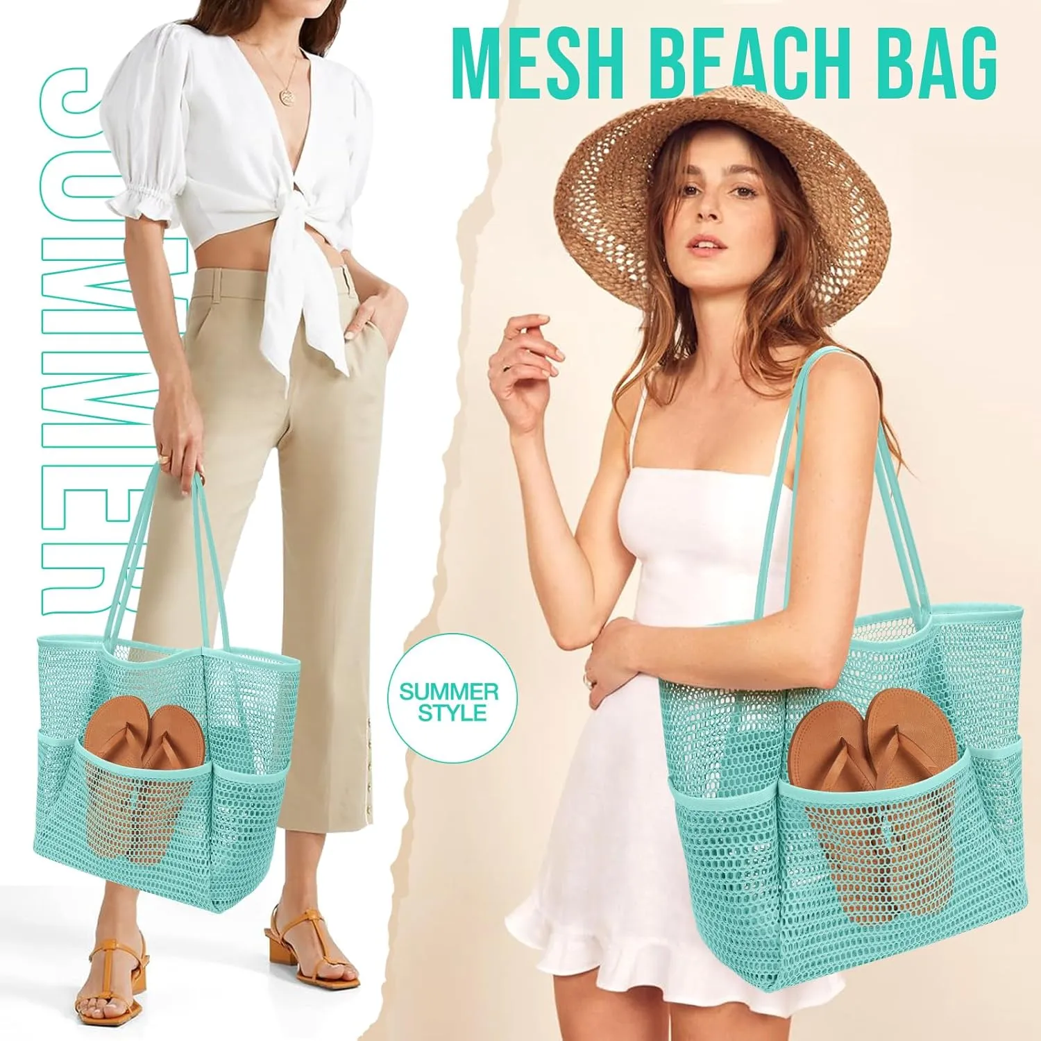 KPX Beach Bag with Mini Pocket, Beach Tote Bags for Women Large Foldable Mesh Swimming Pool Travel Bags - Sandproof