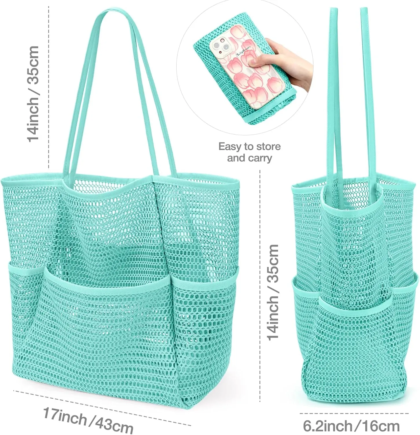 KPX Beach Bag with Mini Pocket, Beach Tote Bags for Women Large Foldable Mesh Swimming Pool Travel Bags - Sandproof