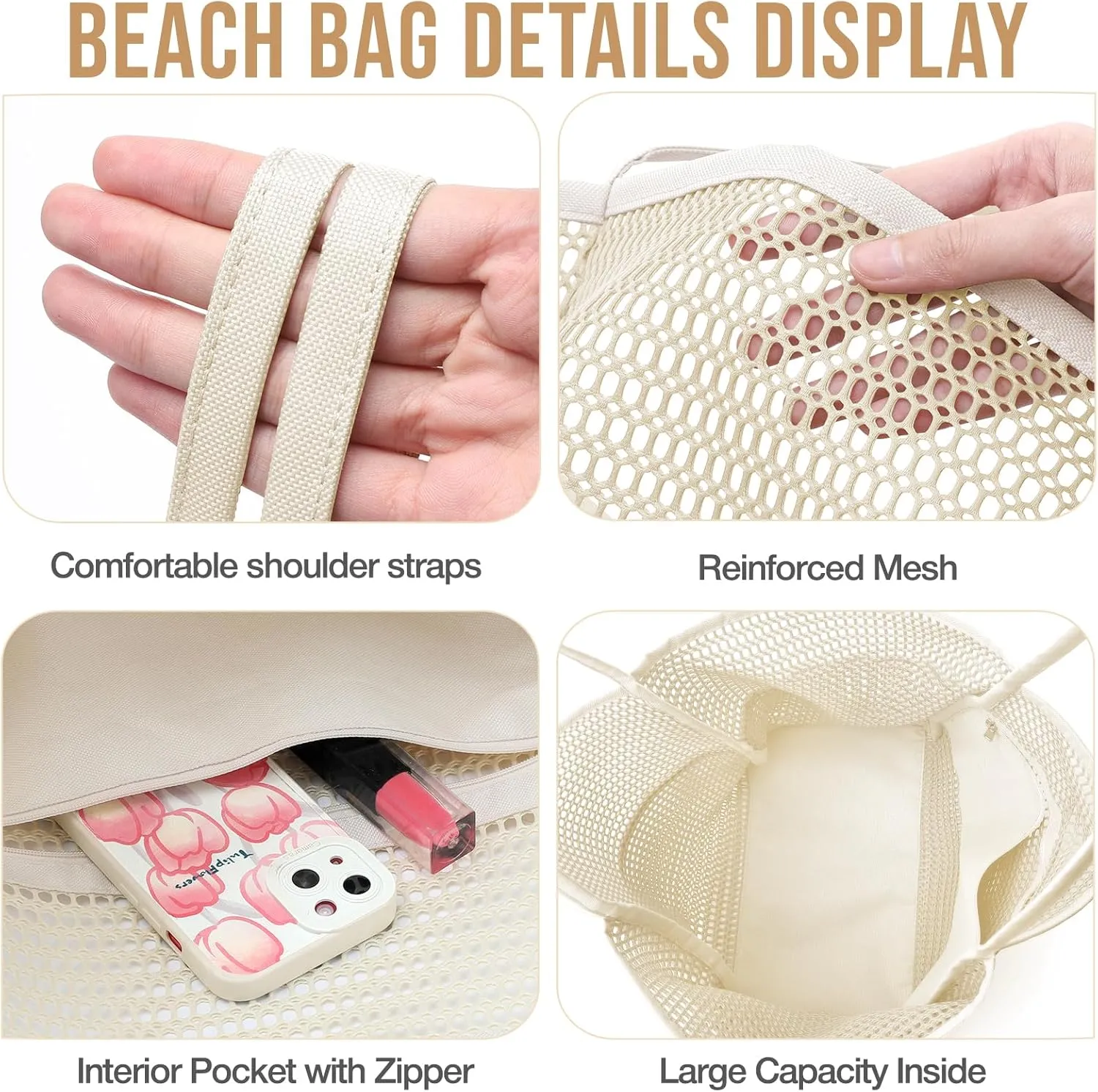 KPX Beach Bag with Mini Pocket, Beach Tote Bags for Women Large Foldable Mesh Swimming Pool Travel Bags - Sandproof