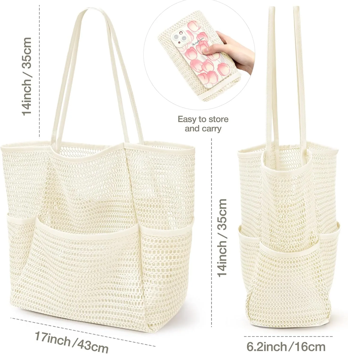 KPX Beach Bag with Mini Pocket, Beach Tote Bags for Women Large Foldable Mesh Swimming Pool Travel Bags - Sandproof