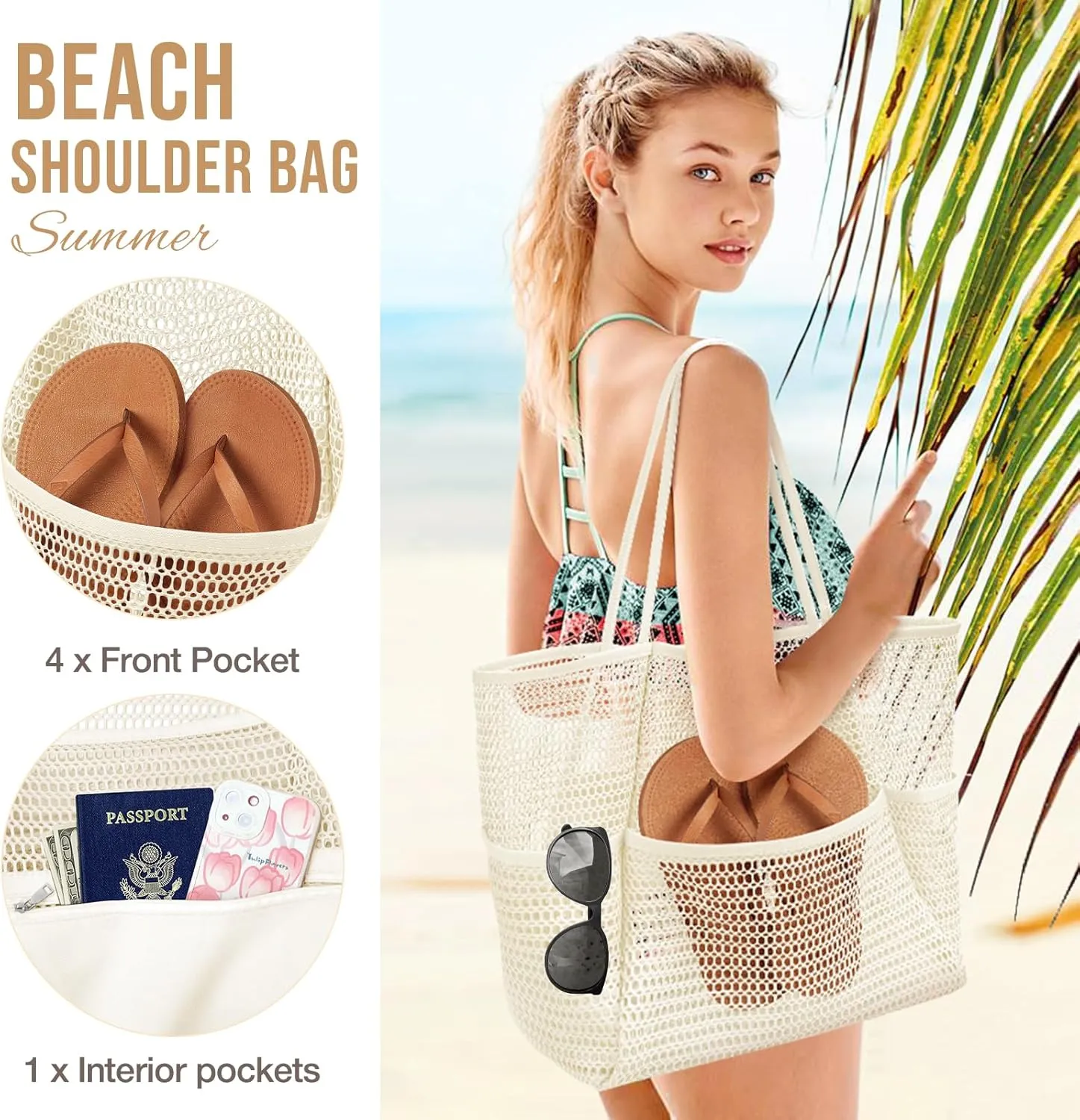 KPX Beach Bag with Mini Pocket, Beach Tote Bags for Women Large Foldable Mesh Swimming Pool Travel Bags - Sandproof