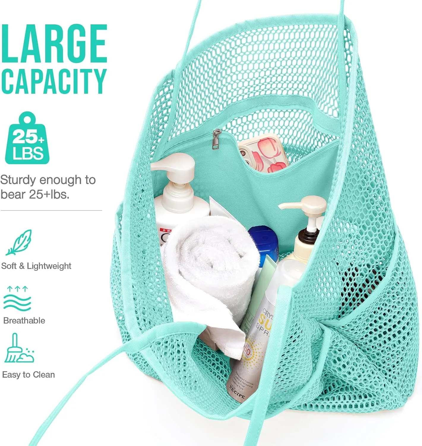 KPX Beach Bag with Mini Pocket, Beach Tote Bags for Women Large Foldable Mesh Swimming Pool Travel Bags - Sandproof