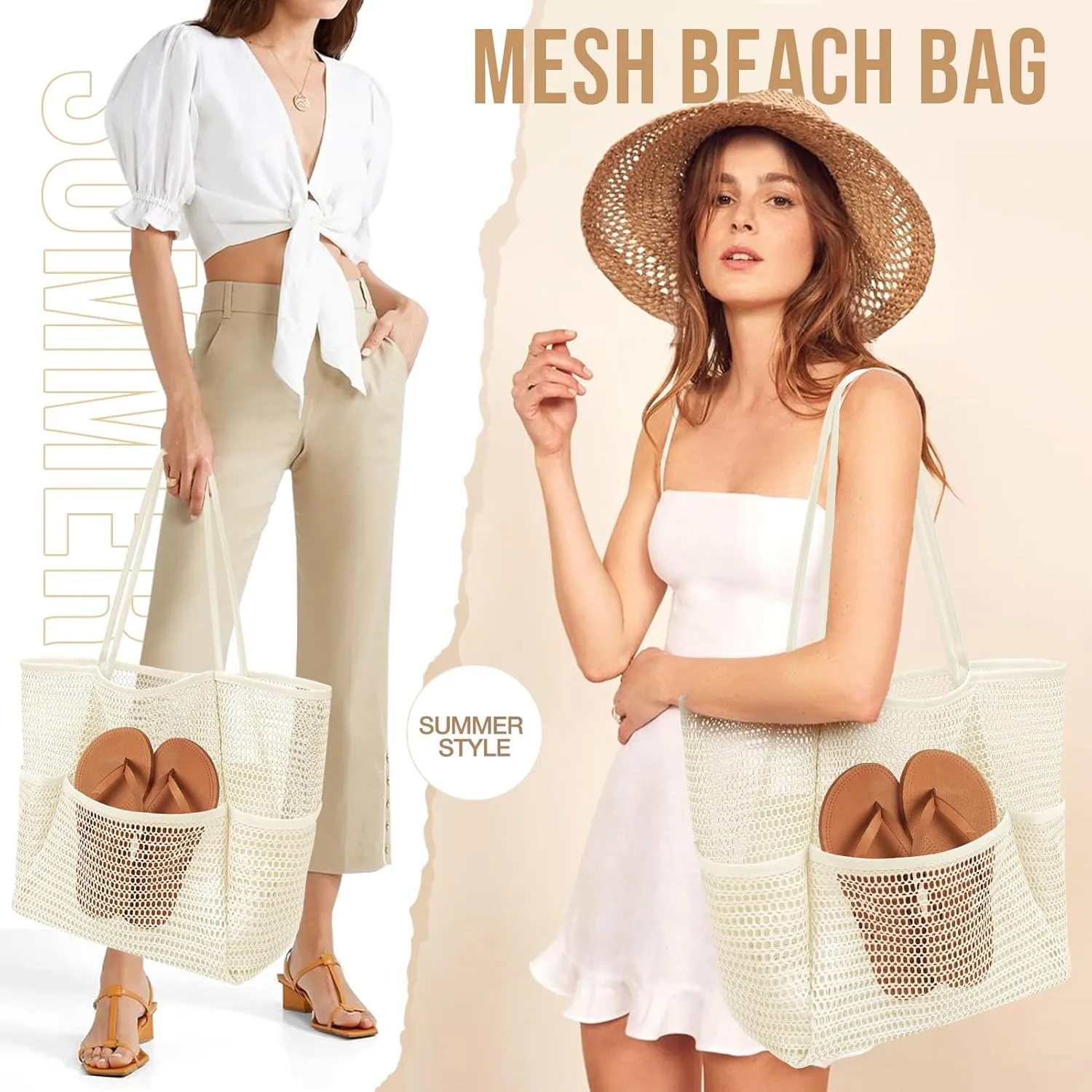 KPX Beach Bag with Mini Pocket, Beach Tote Bags for Women Large Foldable Mesh Swimming Pool Travel Bags - Sandproof