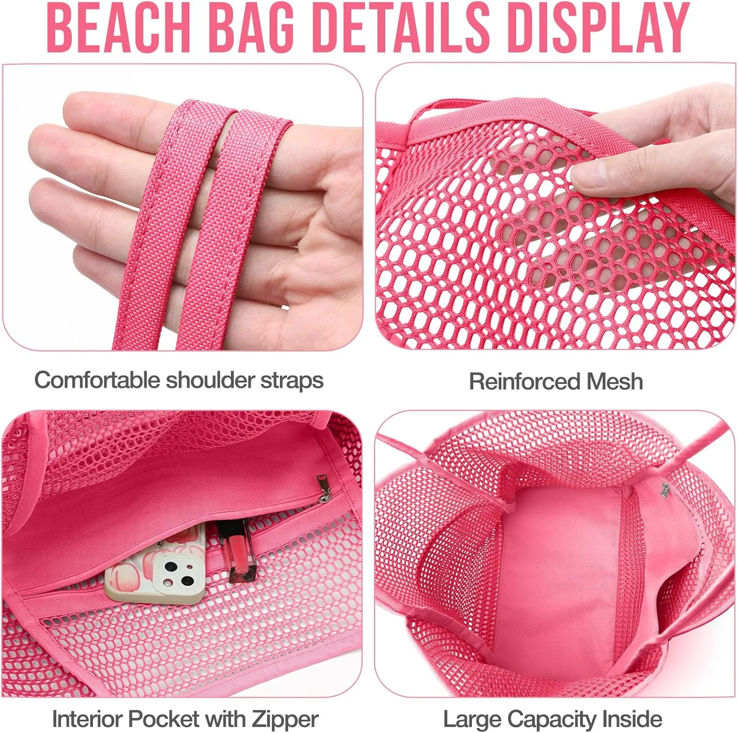 KPX Beach Bag with Mini Pocket, Beach Tote Bags for Women Large Foldable Mesh Swimming Pool Travel Bags - Sandproof