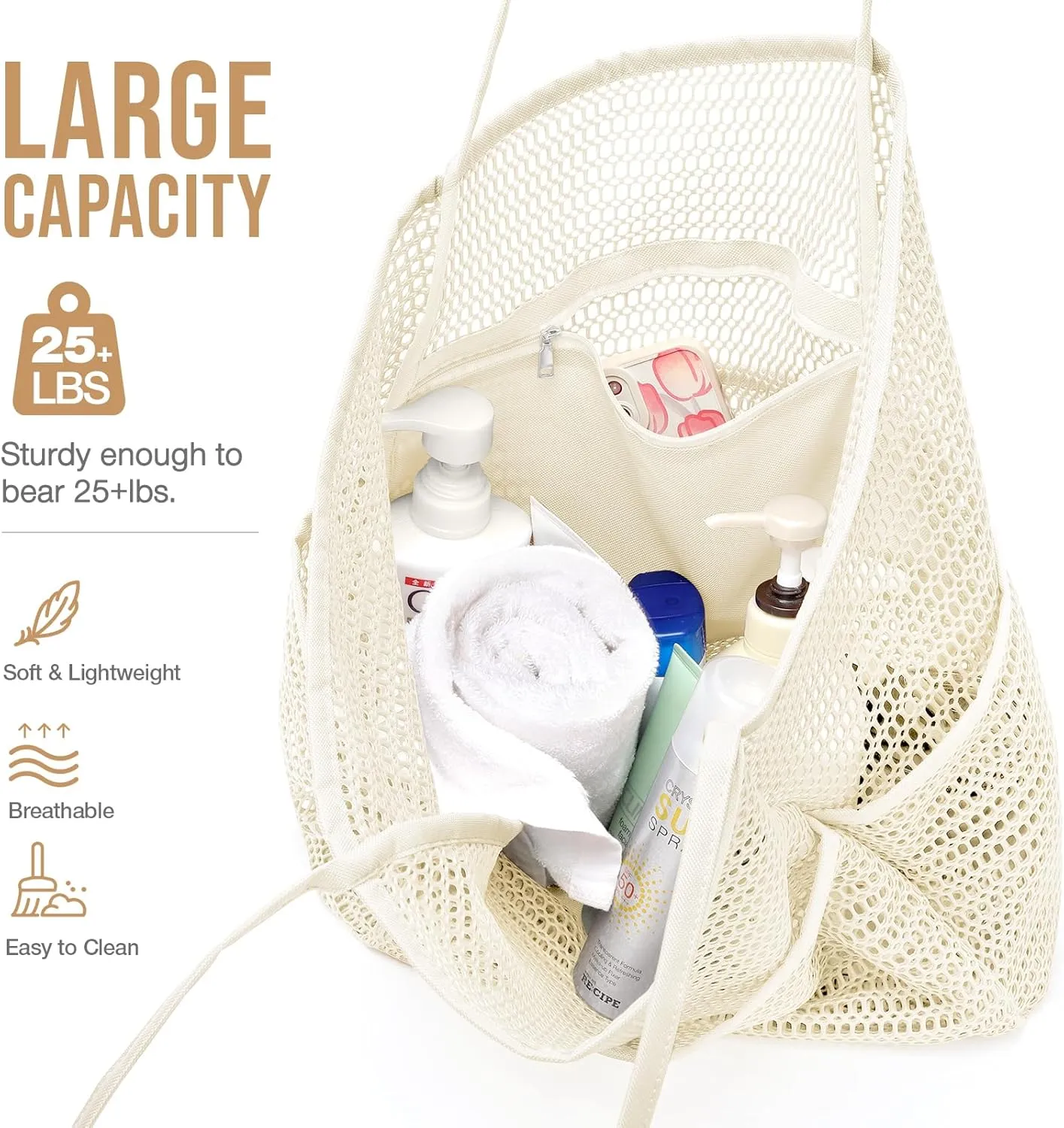 KPX Beach Bag with Mini Pocket, Beach Tote Bags for Women Large Foldable Mesh Swimming Pool Travel Bags - Sandproof