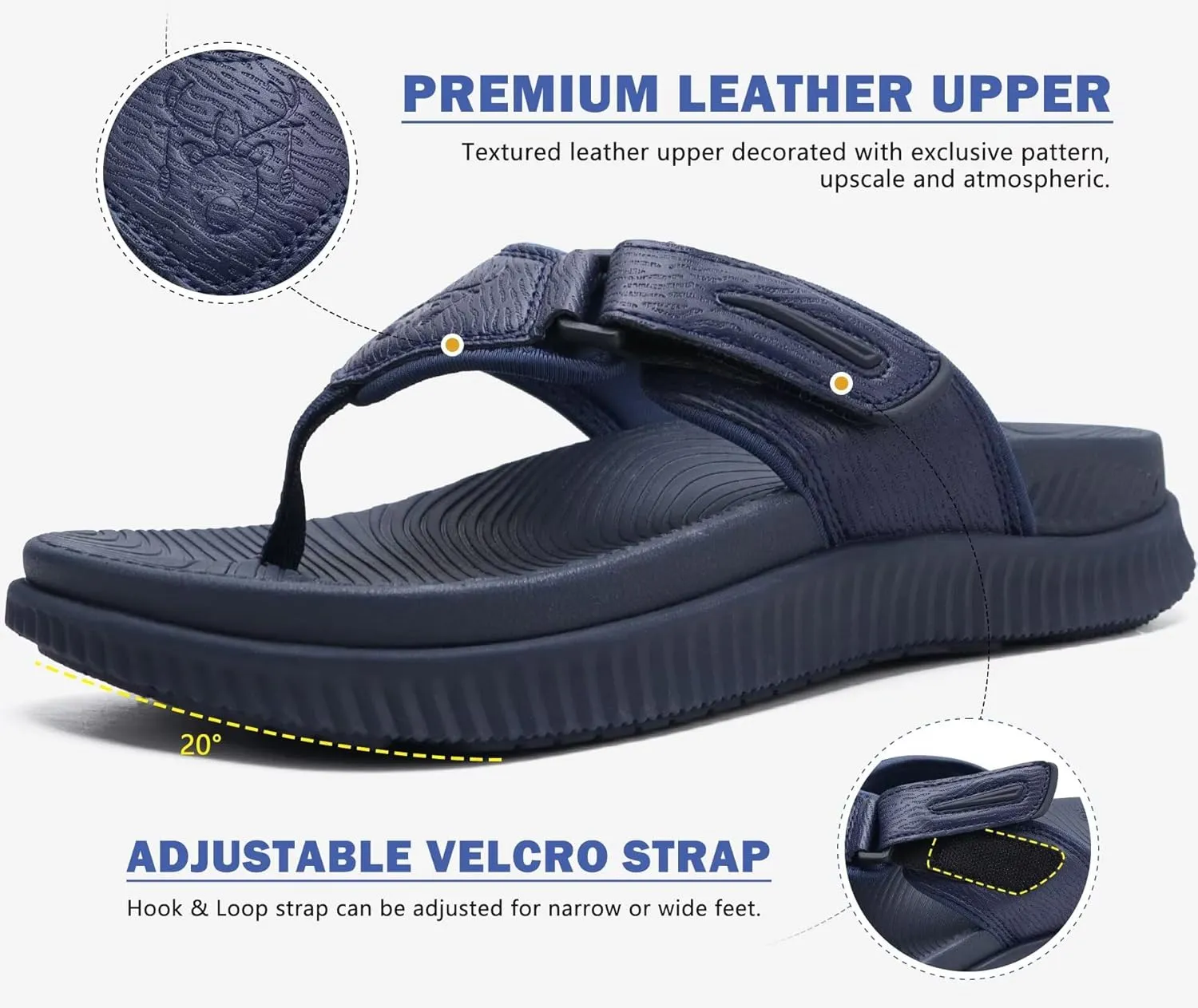KuaiLu Mens Orthotic Flip Flops Men's Recovery Walking Sandals Adjustable Thick Athletic Cushion Sport Slides for Man, Water Resistant & Lightweight, Soft Comfort Fit & Arch Support