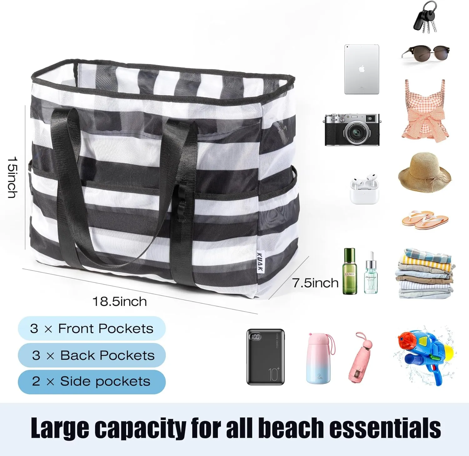 KUAK Mesh Beach Bag, Extra Large Waterproof Sandproof Tote with 9 Pockets, Zippered Top, Lightweight for Travel, Pool, Family