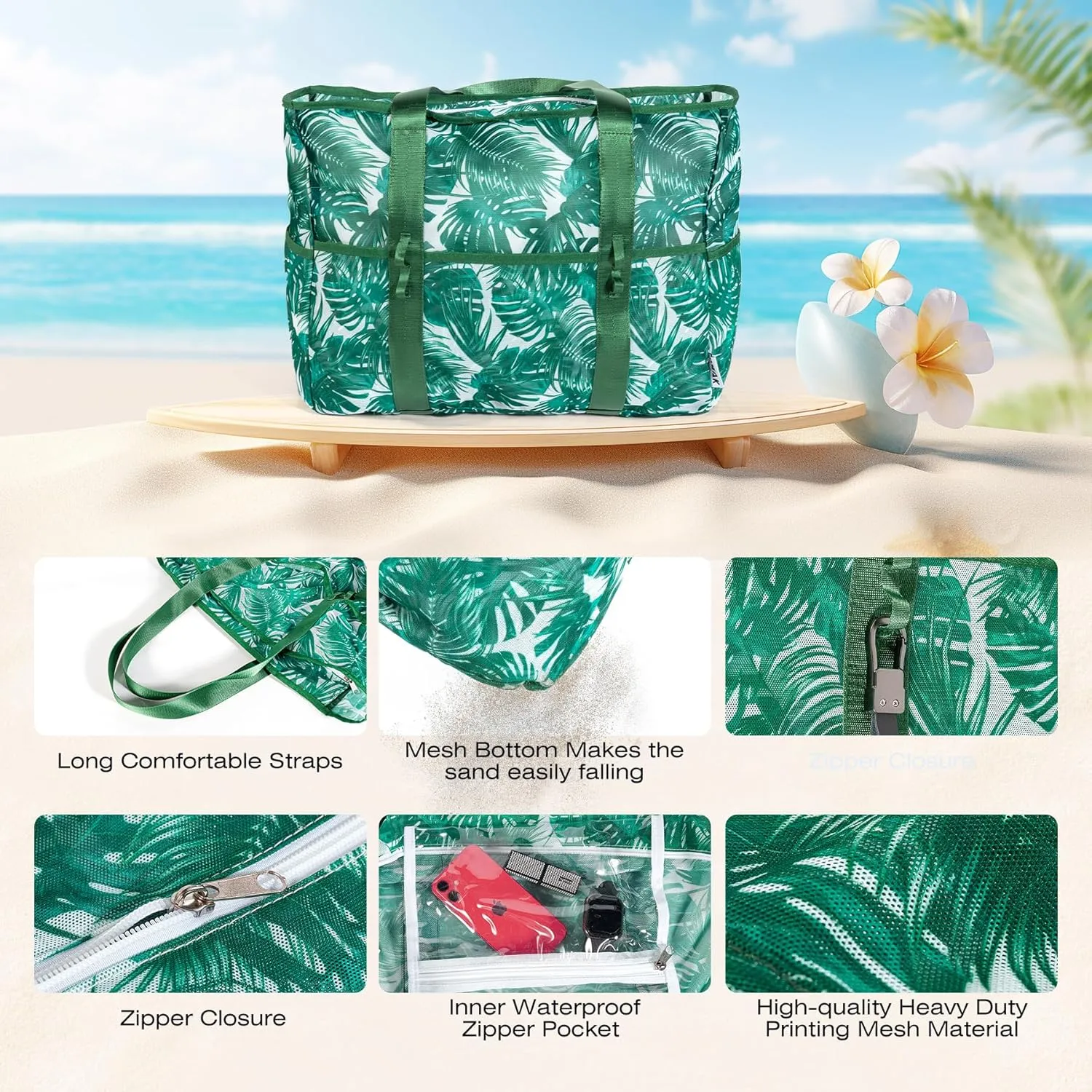 KUAK Mesh Beach Bag, Extra Large Waterproof Sandproof Tote with 9 Pockets, Zippered Top, Lightweight for Travel, Pool, Family
