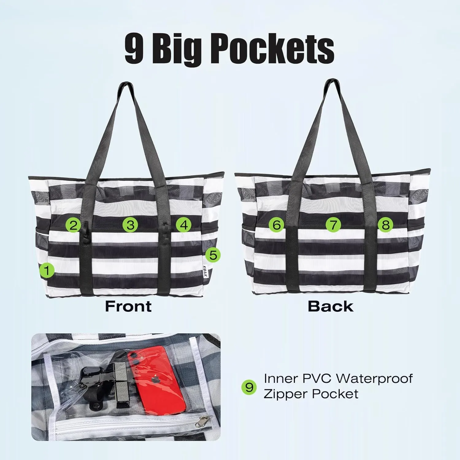 KUAK Mesh Beach Bag, Extra Large Waterproof Sandproof Tote with 9 Pockets, Zippered Top, Lightweight for Travel, Pool, Family