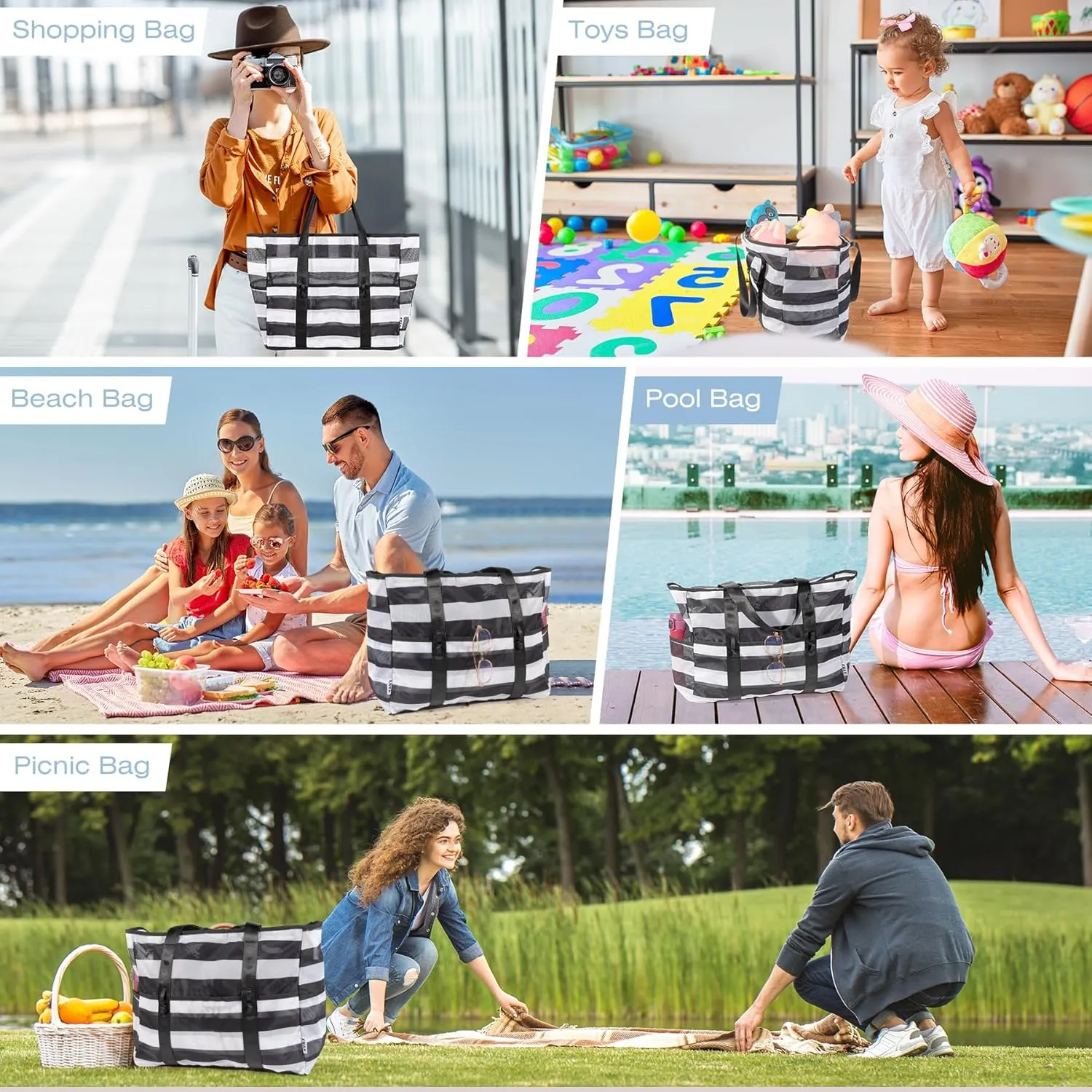 KUAK Mesh Beach Bag, Extra Large Waterproof Sandproof Tote with 9 Pockets, Zippered Top, Lightweight for Travel, Pool, Family