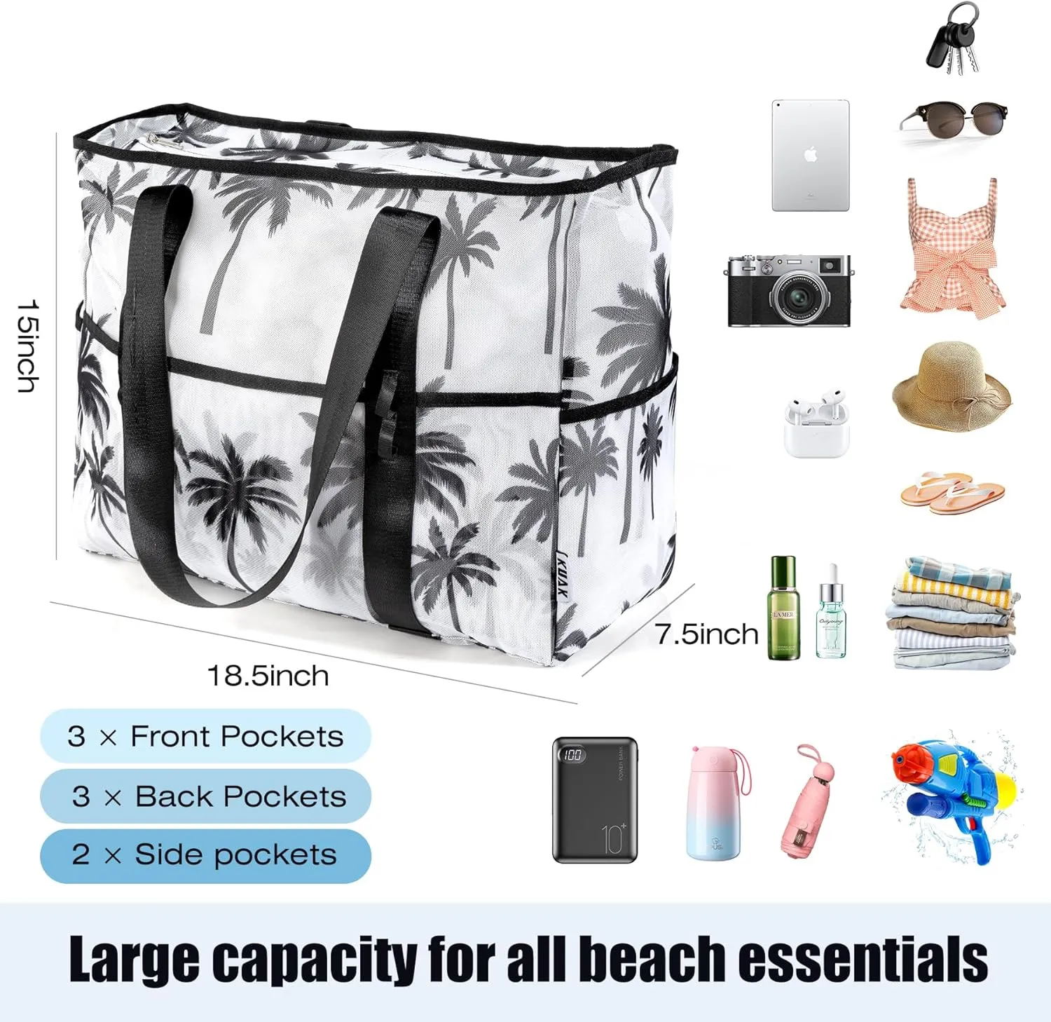 KUAK Mesh Beach Bag, Extra Large Waterproof Sandproof Tote with 9 Pockets, Zippered Top, Lightweight for Travel, Pool, Family