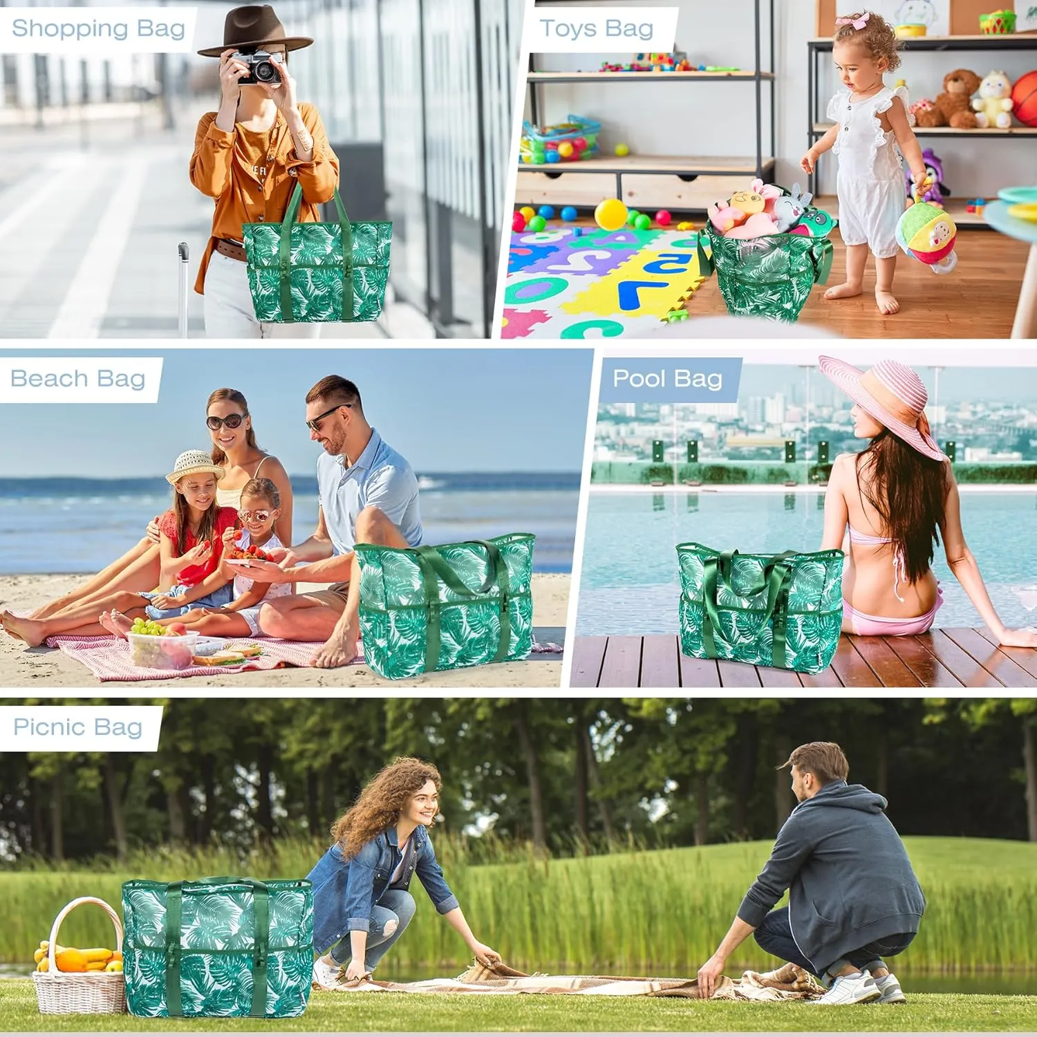 KUAK Mesh Beach Bag, Extra Large Waterproof Sandproof Tote with 9 Pockets, Zippered Top, Lightweight for Travel, Pool, Family