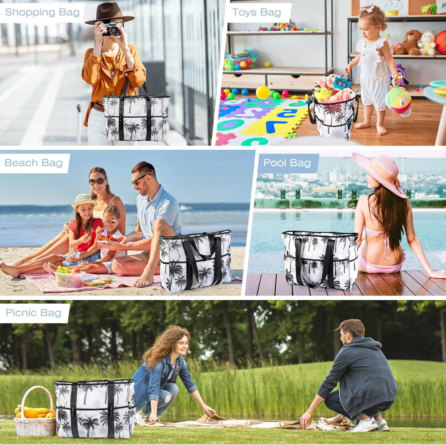 KUAK Mesh Beach Bag, Extra Large Waterproof Sandproof Tote with 9 Pockets, Zippered Top, Lightweight for Travel, Pool, Family