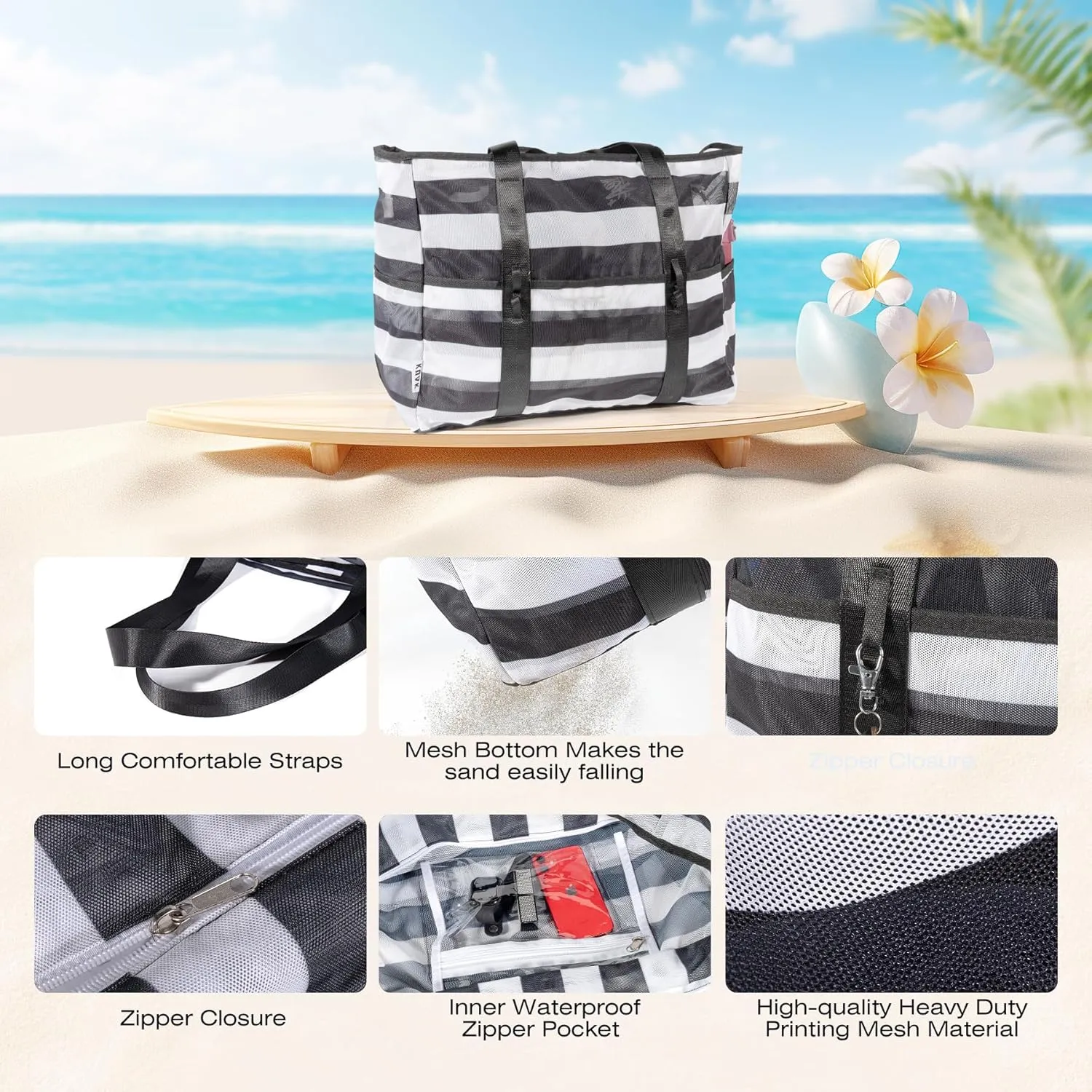 KUAK Mesh Beach Bag, Extra Large Waterproof Sandproof Tote with 9 Pockets, Zippered Top, Lightweight for Travel, Pool, Family