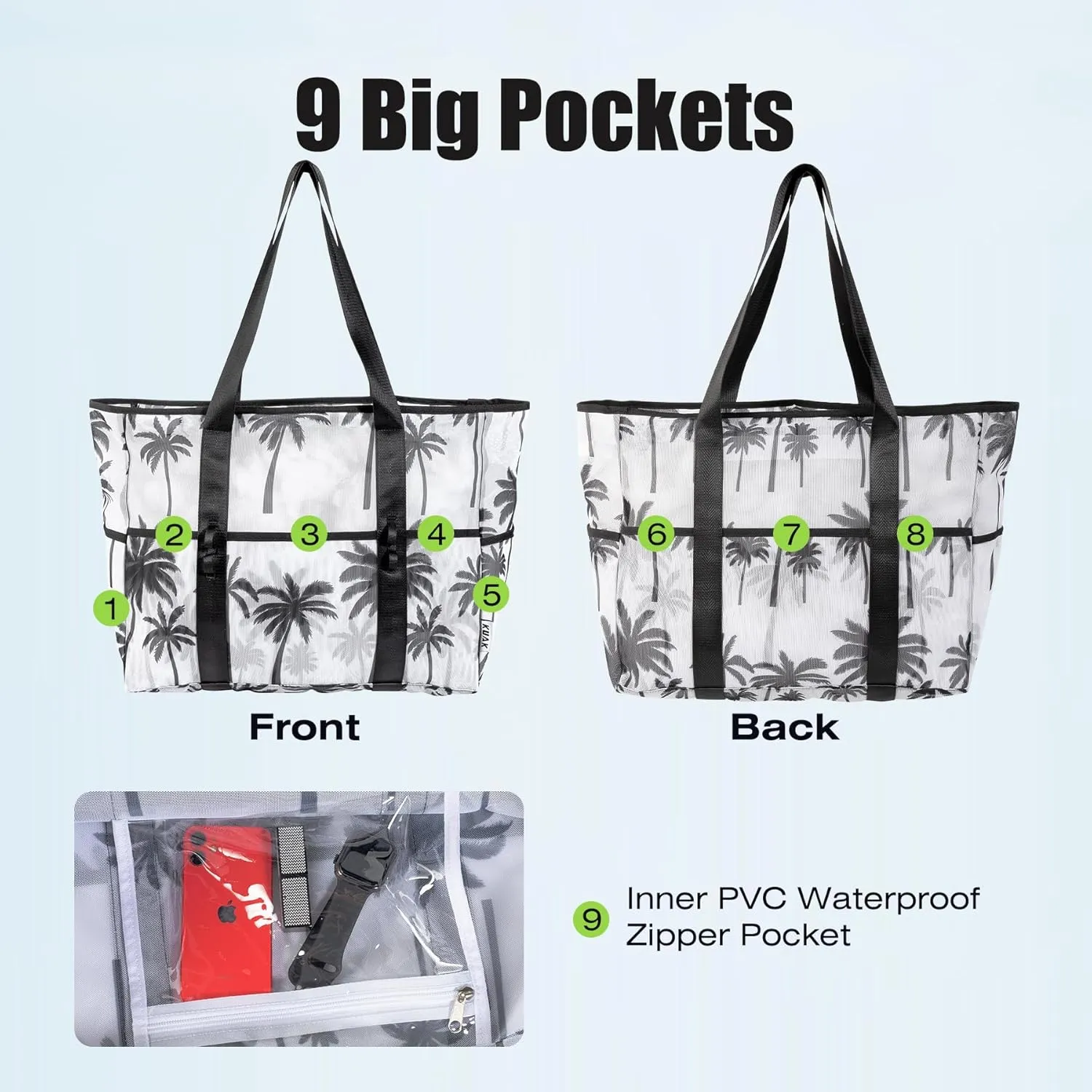 KUAK Mesh Beach Bag, Extra Large Waterproof Sandproof Tote with 9 Pockets, Zippered Top, Lightweight for Travel, Pool, Family
