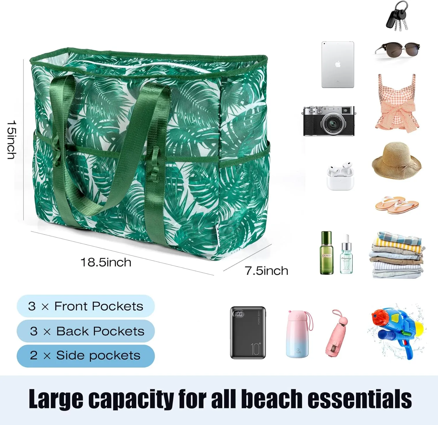 KUAK Mesh Beach Bag, Extra Large Waterproof Sandproof Tote with 9 Pockets, Zippered Top, Lightweight for Travel, Pool, Family