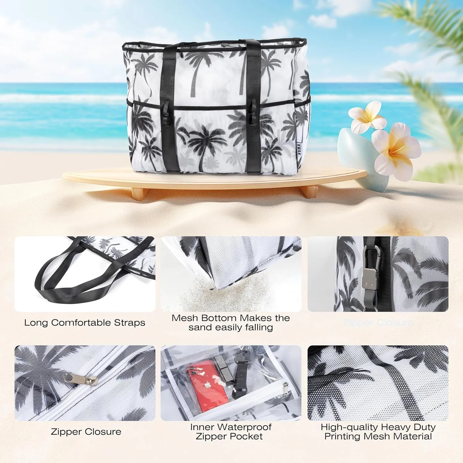 KUAK Mesh Beach Bag, Extra Large Waterproof Sandproof Tote with 9 Pockets, Zippered Top, Lightweight for Travel, Pool, Family