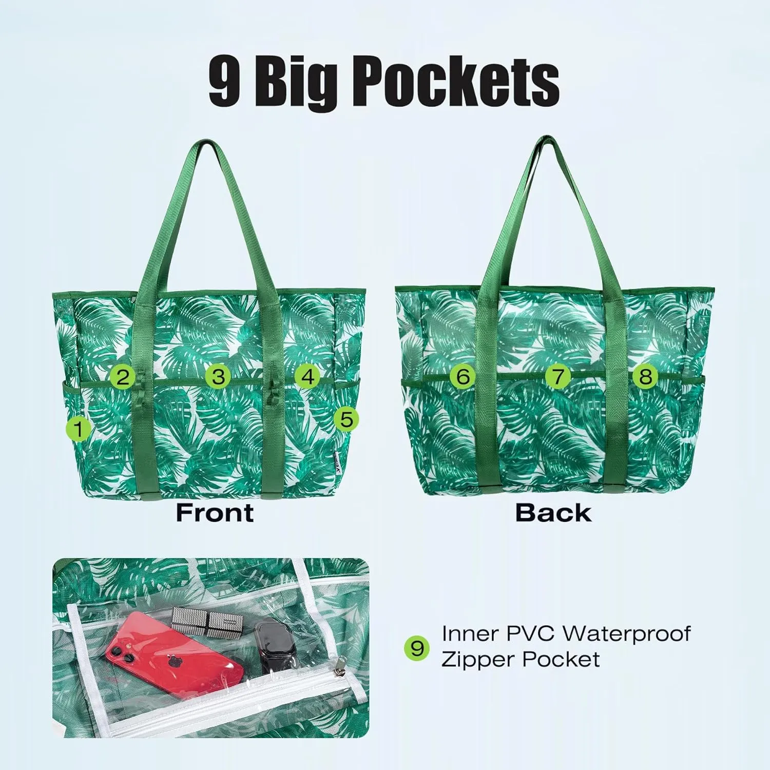 KUAK Mesh Beach Bag, Extra Large Waterproof Sandproof Tote with 9 Pockets, Zippered Top, Lightweight for Travel, Pool, Family