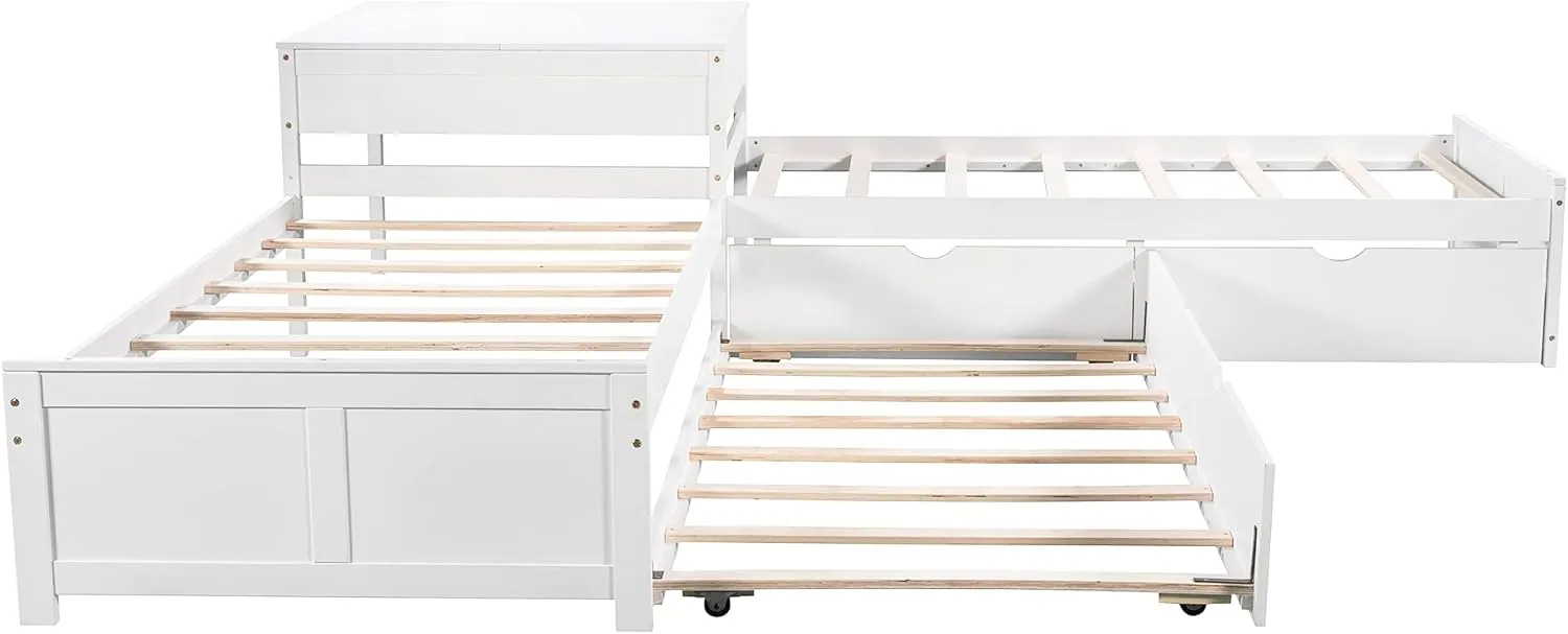 L-Shape Twin Beds 2 Platform Beds with Trundle and Storage Drawers Linked with Flip Square Table Wood Twin Size Corner Bed for 3 Kids, Teens, Boys, Girls, White