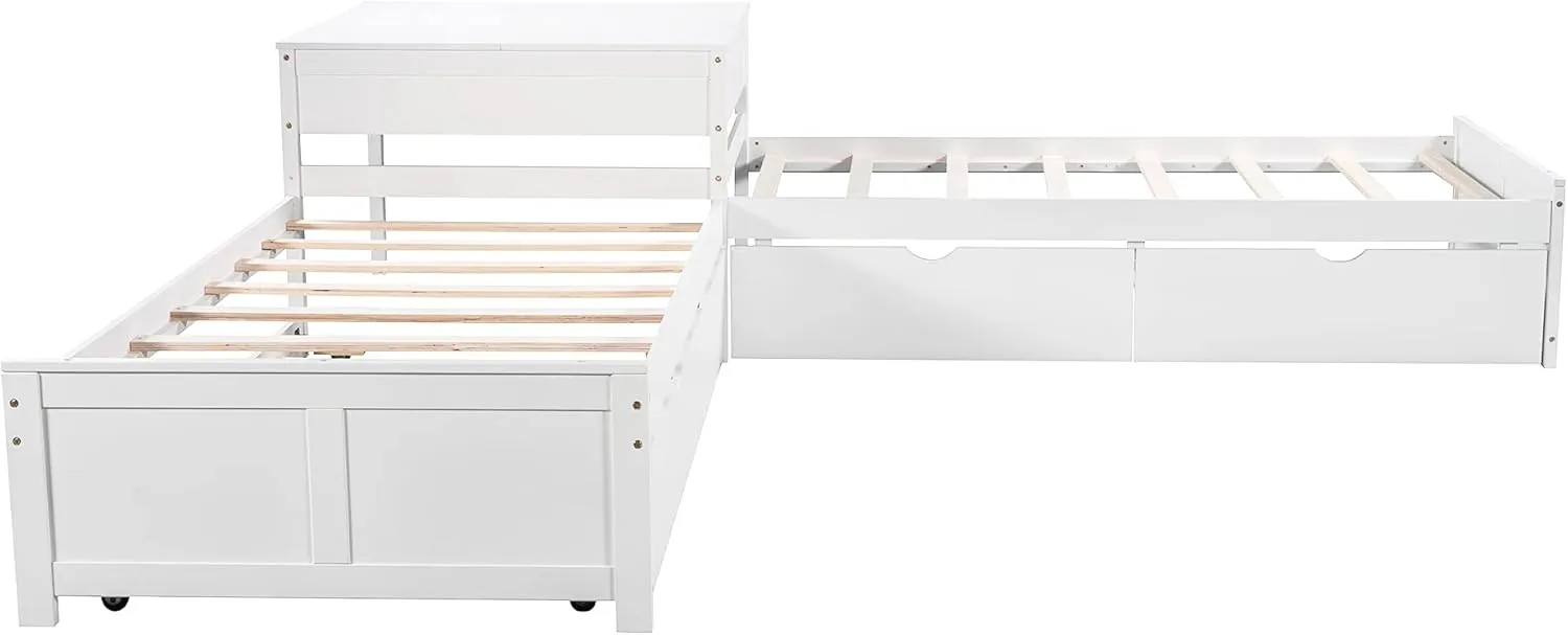 L-Shape Twin Beds 2 Platform Beds with Trundle and Storage Drawers Linked with Flip Square Table Wood Twin Size Corner Bed for 3 Kids, Teens, Boys, Girls, White