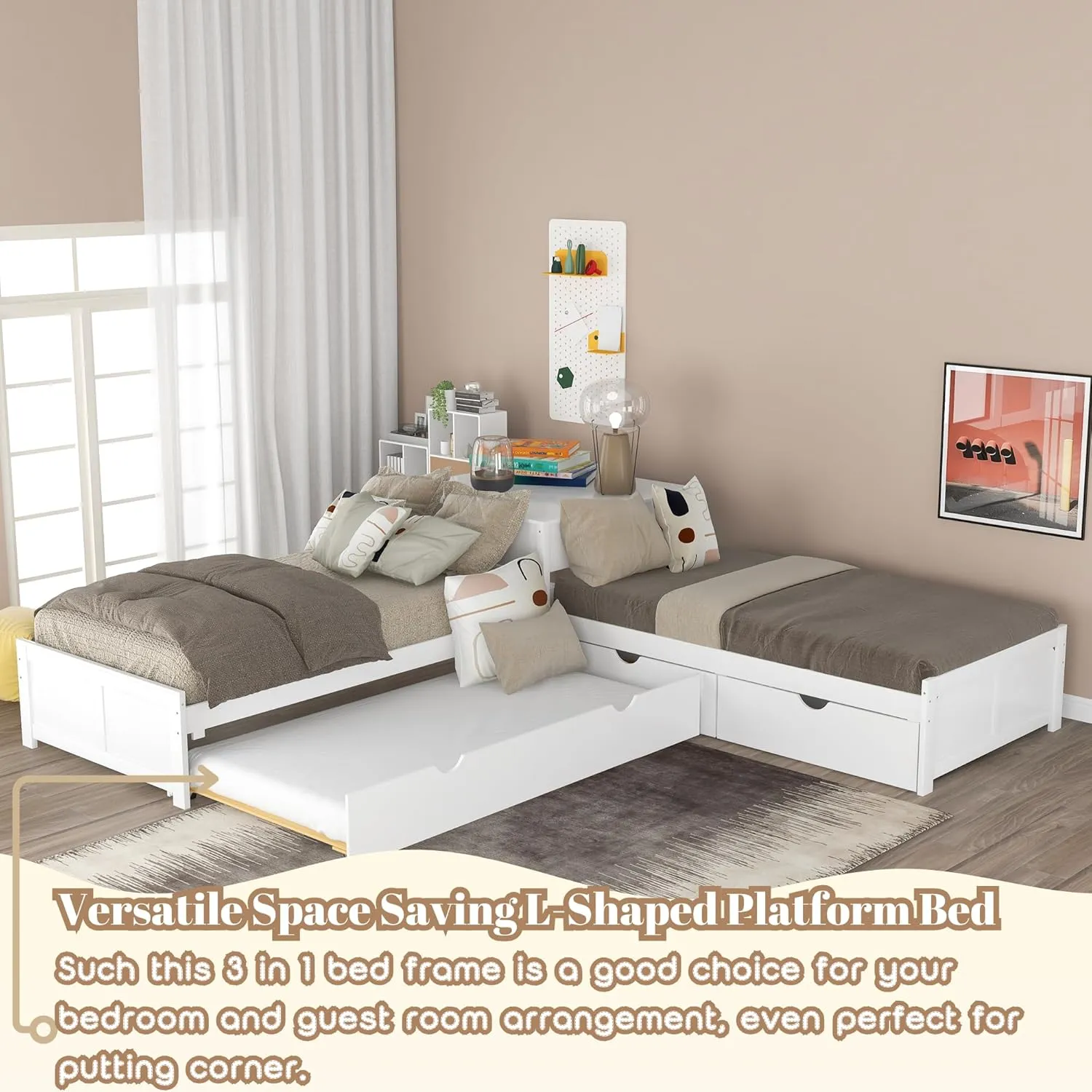 L-Shape Twin Beds 2 Platform Beds with Trundle and Storage Drawers Linked with Flip Square Table Wood Twin Size Corner Bed for 3 Kids, Teens, Boys, Girls, White