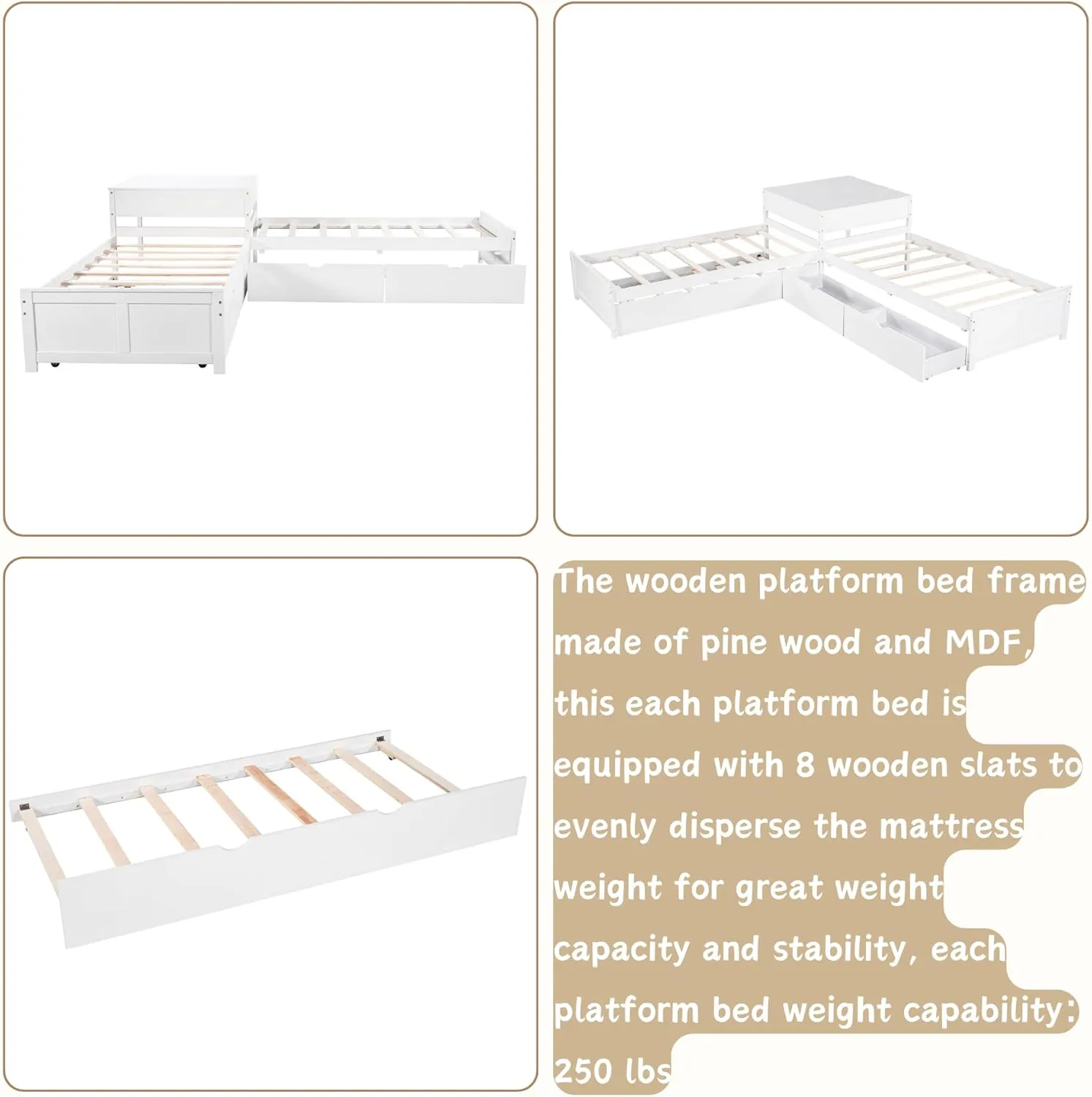 L-Shape Twin Beds 2 Platform Beds with Trundle and Storage Drawers Linked with Flip Square Table Wood Twin Size Corner Bed for 3 Kids, Teens, Boys, Girls, White