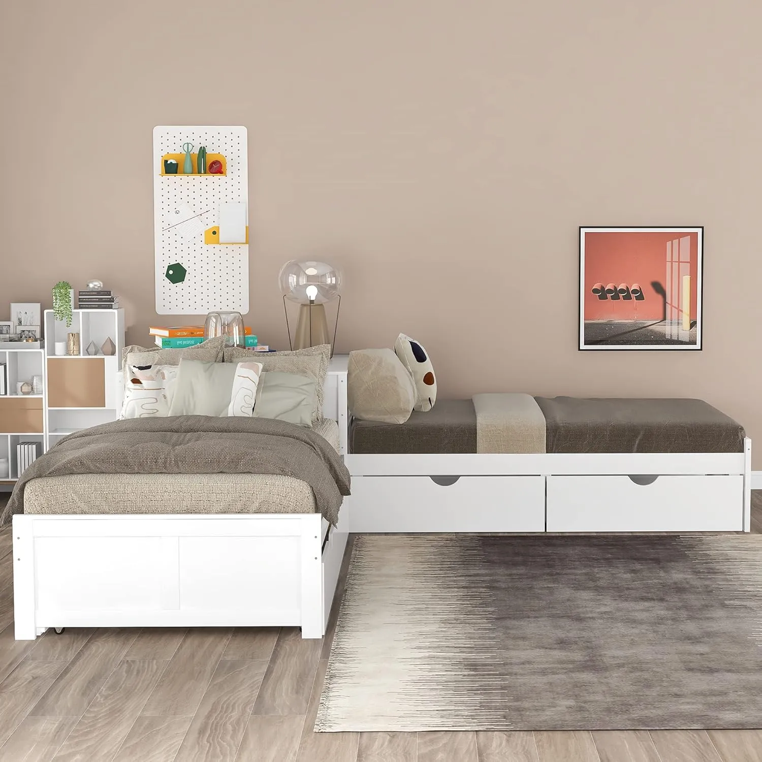 L-Shape Twin Beds 2 Platform Beds with Trundle and Storage Drawers Linked with Flip Square Table Wood Twin Size Corner Bed for 3 Kids, Teens, Boys, Girls, White