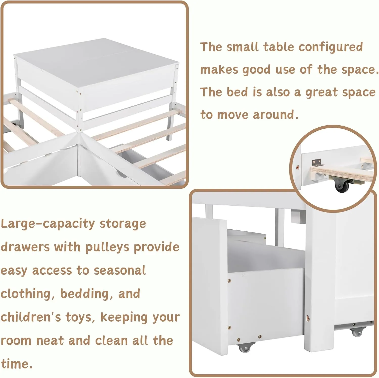 L-Shape Twin Beds 2 Platform Beds with Trundle and Storage Drawers Linked with Flip Square Table Wood Twin Size Corner Bed for 3 Kids, Teens, Boys, Girls, White