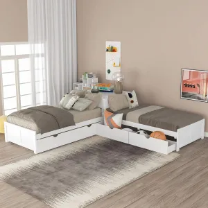 L-Shape Twin Beds 2 Platform Beds with Trundle and Storage Drawers Linked with Flip Square Table Wood Twin Size Corner Bed for 3 Kids, Teens, Boys, Girls, White