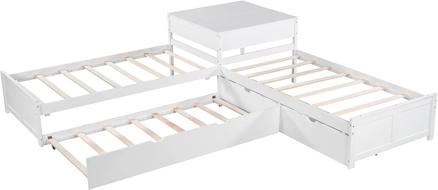 L-Shape Twin Beds 2 Platform Beds with Trundle and Storage Drawers Linked with Flip Square Table Wood Twin Size Corner Bed for 3 Kids, Teens, Boys, Girls, White