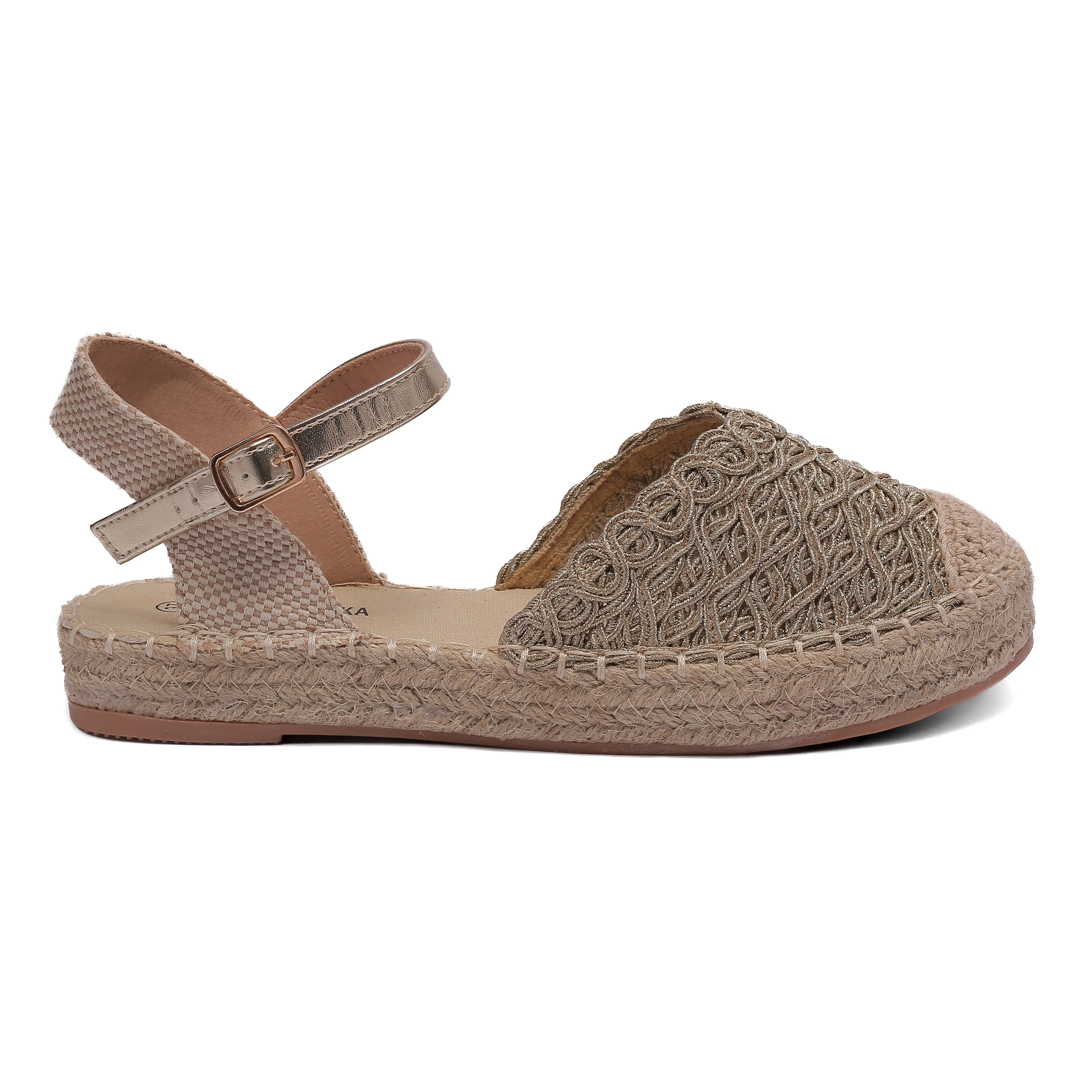 Lace Espadrille Sandals with Ankle Strap in Beige