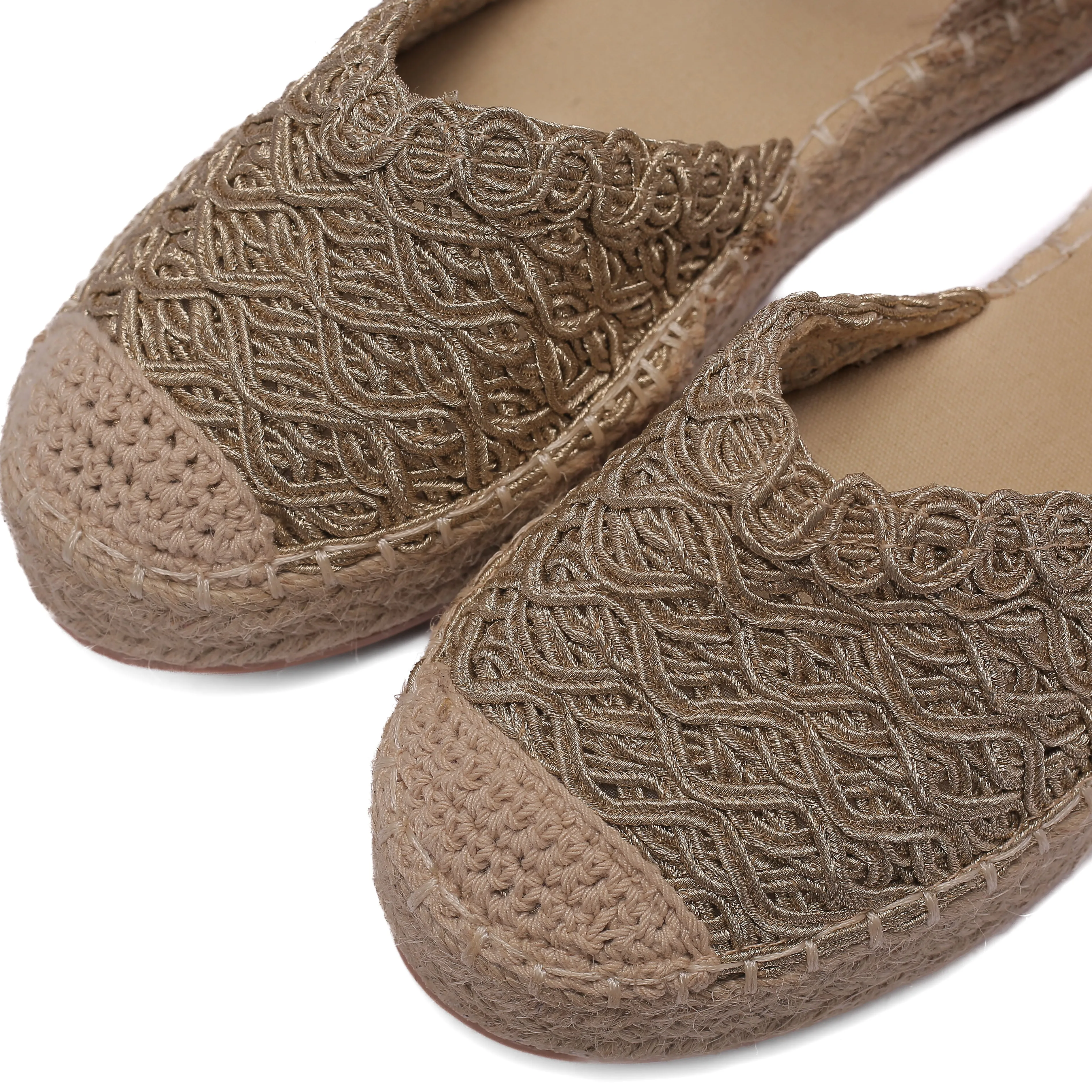 Lace Espadrille Sandals with Ankle Strap in Beige