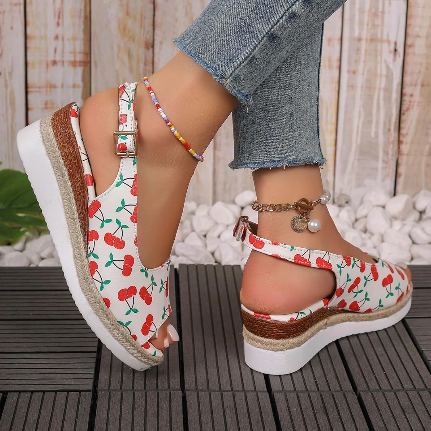 Ladies Summer Cherry Printed Soft Leather Buckle Slope Heel Thick Bottom Large Size Fish Women's Sandals