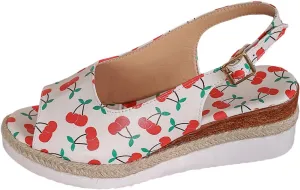 Ladies Summer Cherry Printed Soft Leather Buckle Slope Heel Thick Bottom Large Size Fish Women's Sandals