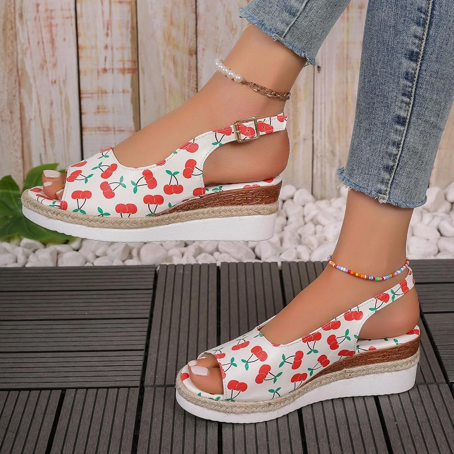 Ladies Summer Cherry Printed Soft Leather Buckle Slope Heel Thick Bottom Large Size Fish Women's Sandals