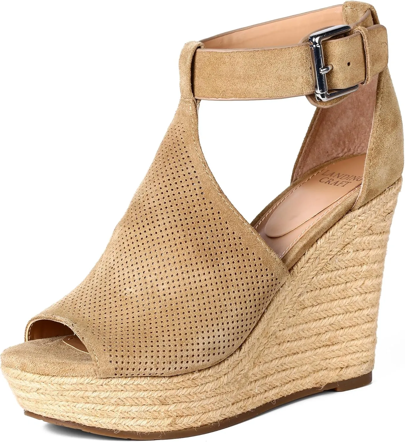 landing craft Women's Peep Toe Platform Sandals Summer Adjustable Buckle Ankle Strap Espadrilles Wedge Sandals