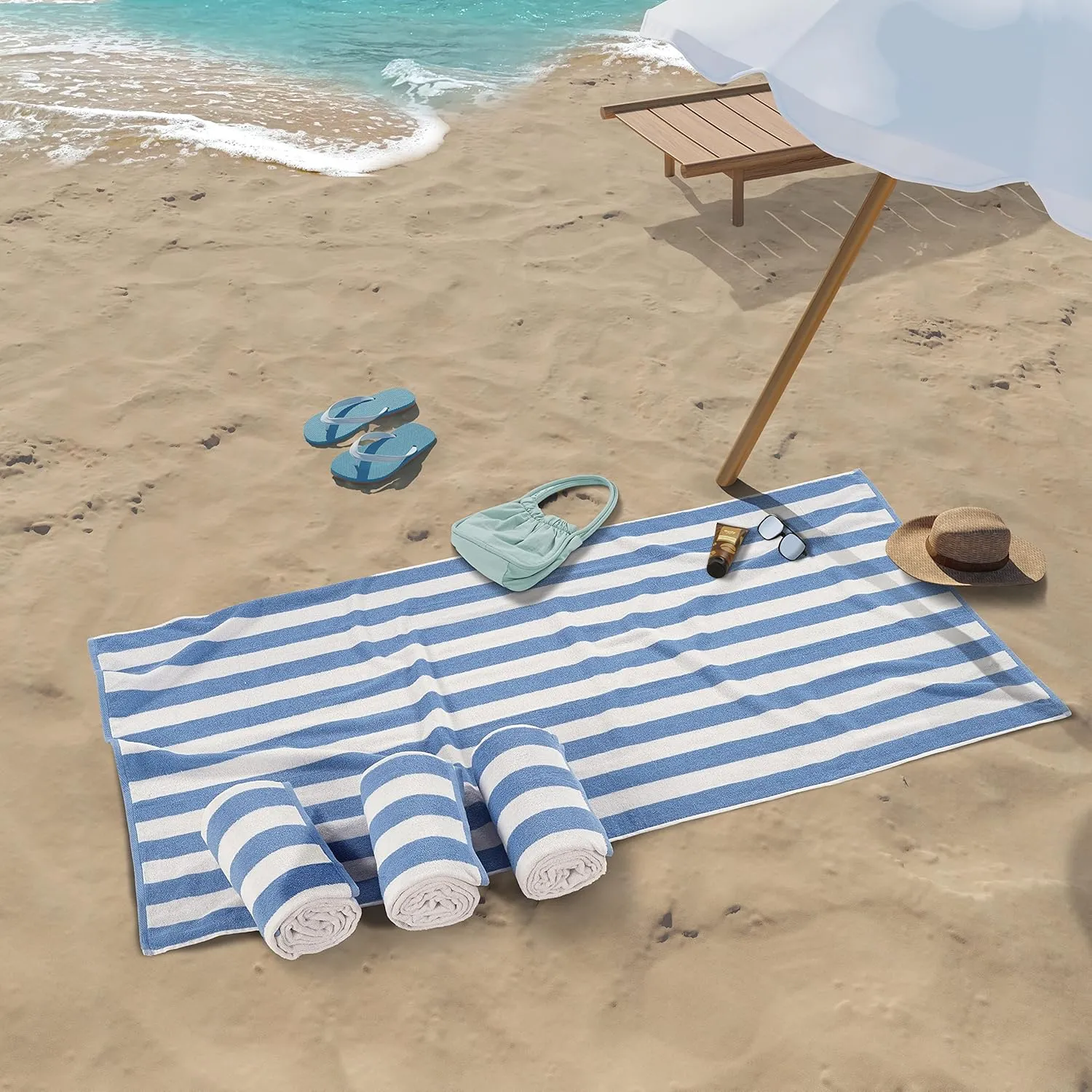LANE LINEN Beach Towels Oversized 4 Pack - 100% Cotton Beach Towel with Beach Tote Bag, Luxury Beach Towels, Quick Dry Towels, Higly Absorbent Extra Large Beach Towel 36"x72" - Light Blue