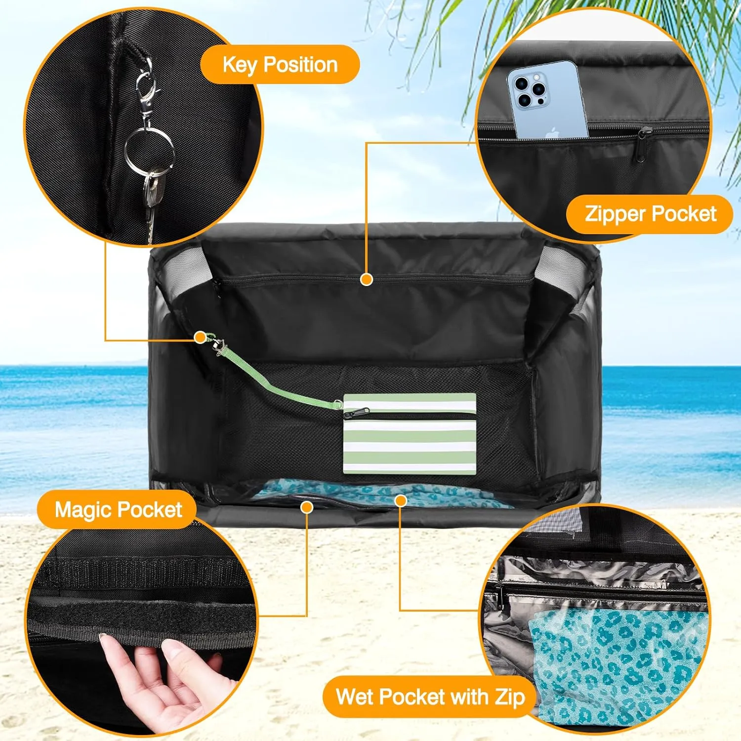 Large Beach Bag with Zipper, 12 Pockets Waterproof Sandproof Pool Bag Womens Mesh Beach Tote Bag for Travel Vacation