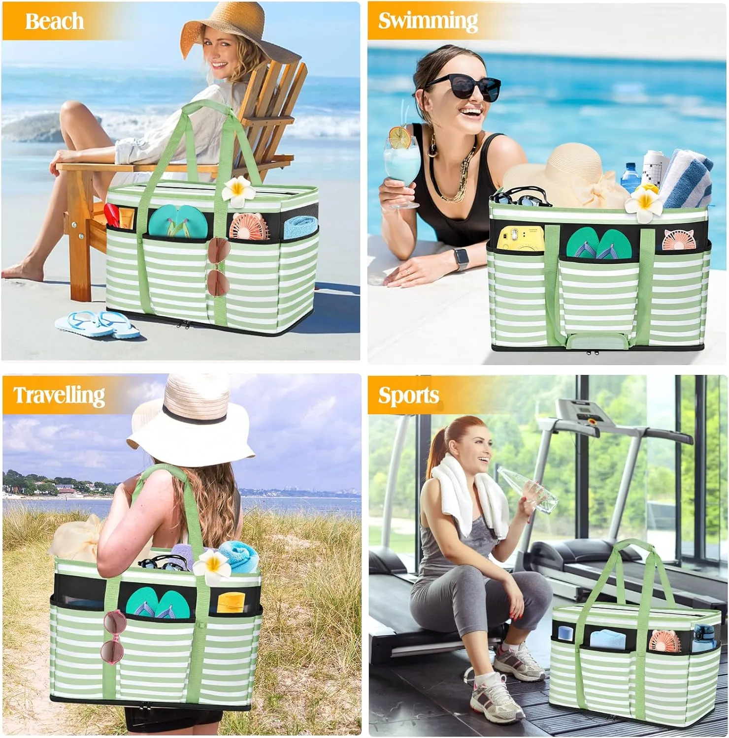 Large Beach Bag with Zipper, 12 Pockets Waterproof Sandproof Pool Bag Womens Mesh Beach Tote Bag for Travel Vacation