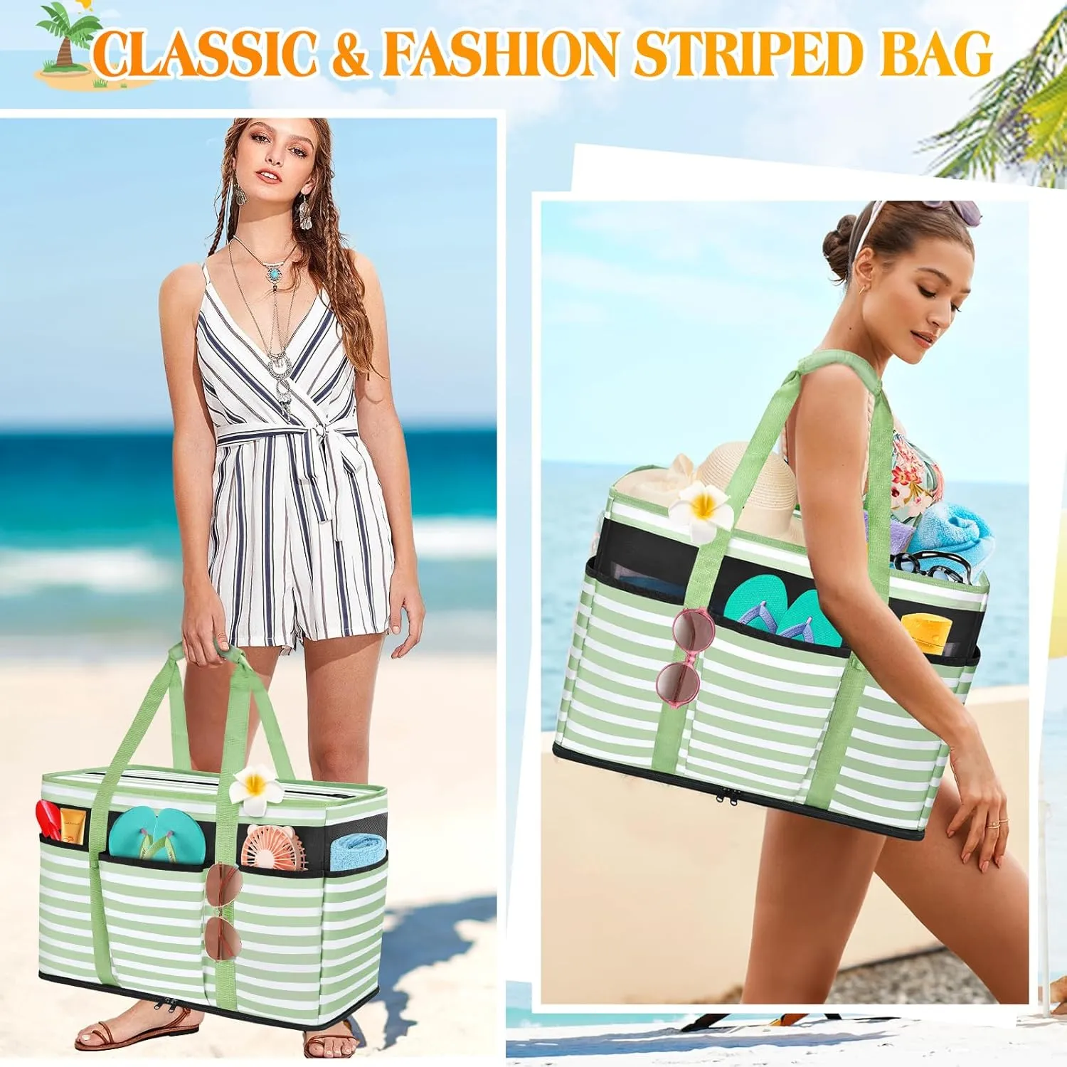 Large Beach Bag with Zipper, 12 Pockets Waterproof Sandproof Pool Bag Womens Mesh Beach Tote Bag for Travel Vacation