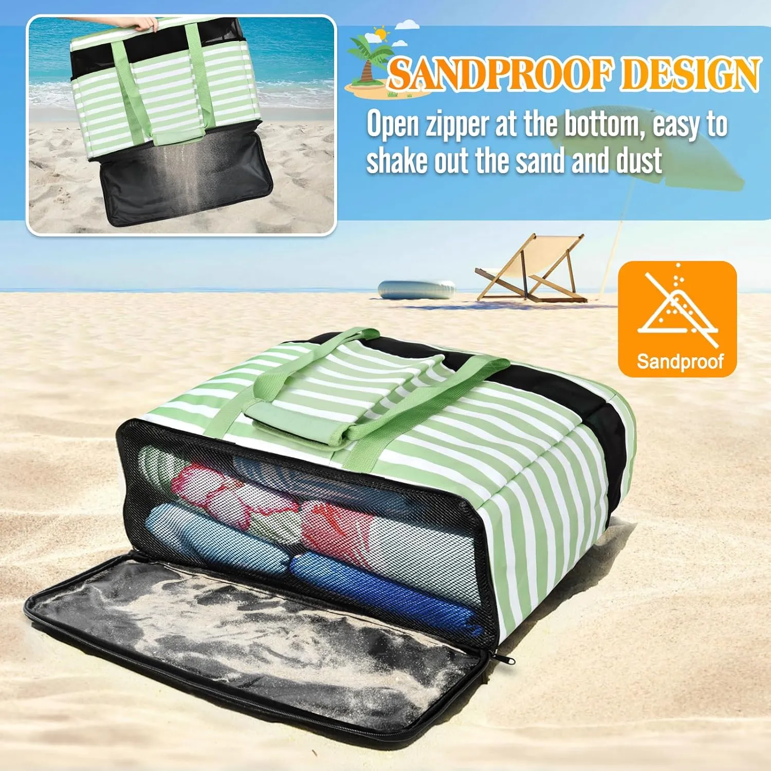 Large Beach Bag with Zipper, 12 Pockets Waterproof Sandproof Pool Bag Womens Mesh Beach Tote Bag for Travel Vacation