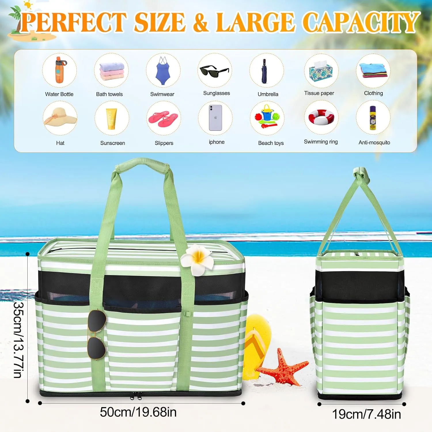 Large Beach Bag with Zipper, 12 Pockets Waterproof Sandproof Pool Bag Womens Mesh Beach Tote Bag for Travel Vacation