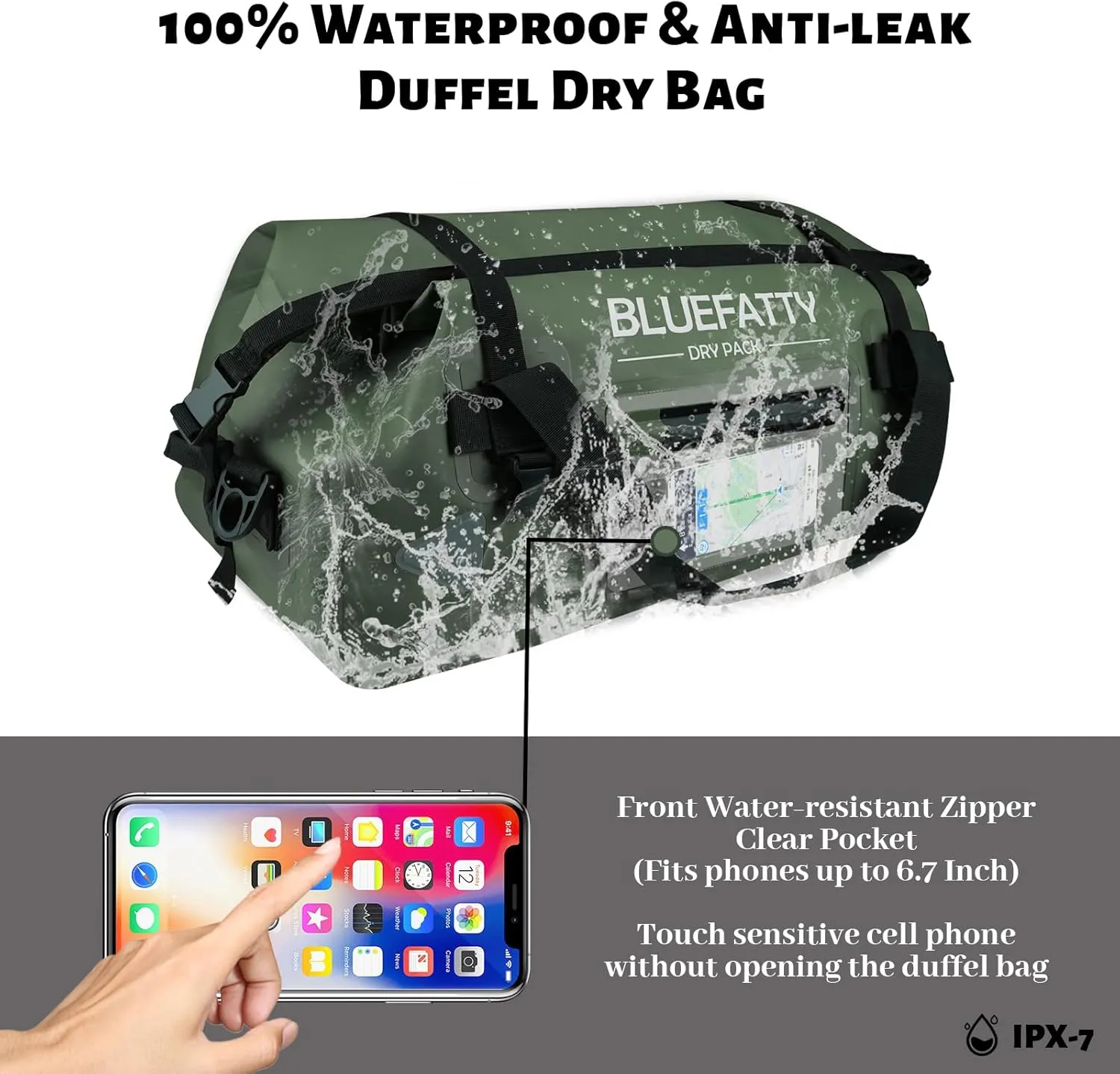 Large Waterproof Duffel Bag Roll-top Heavy Duty Dry Duffle Bags for Motorcycling, Rafting, Boating, SUP, Kayaking, Travel, 70L(Army Green)