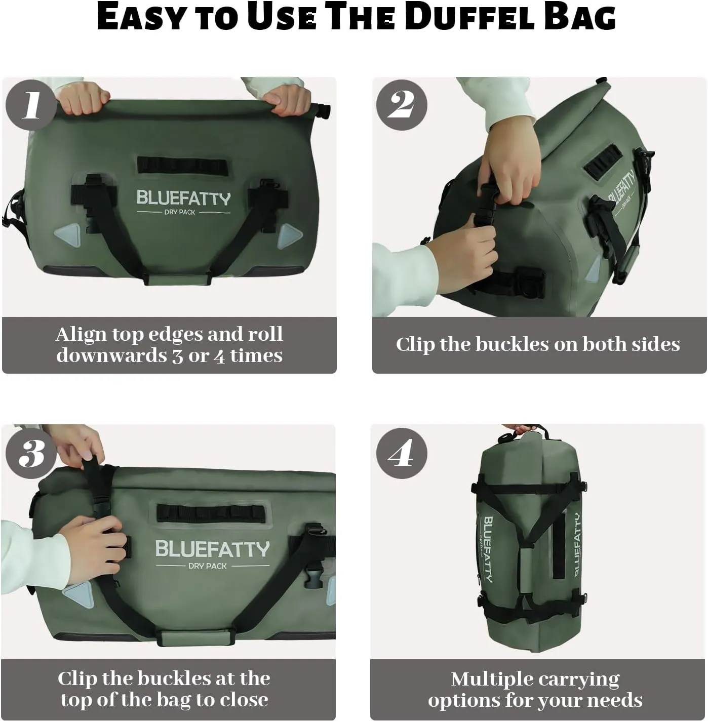 Large Waterproof Duffel Bag Roll-top Heavy Duty Dry Duffle Bags for Motorcycling, Rafting, Boating, SUP, Kayaking, Travel, 70L(Army Green)