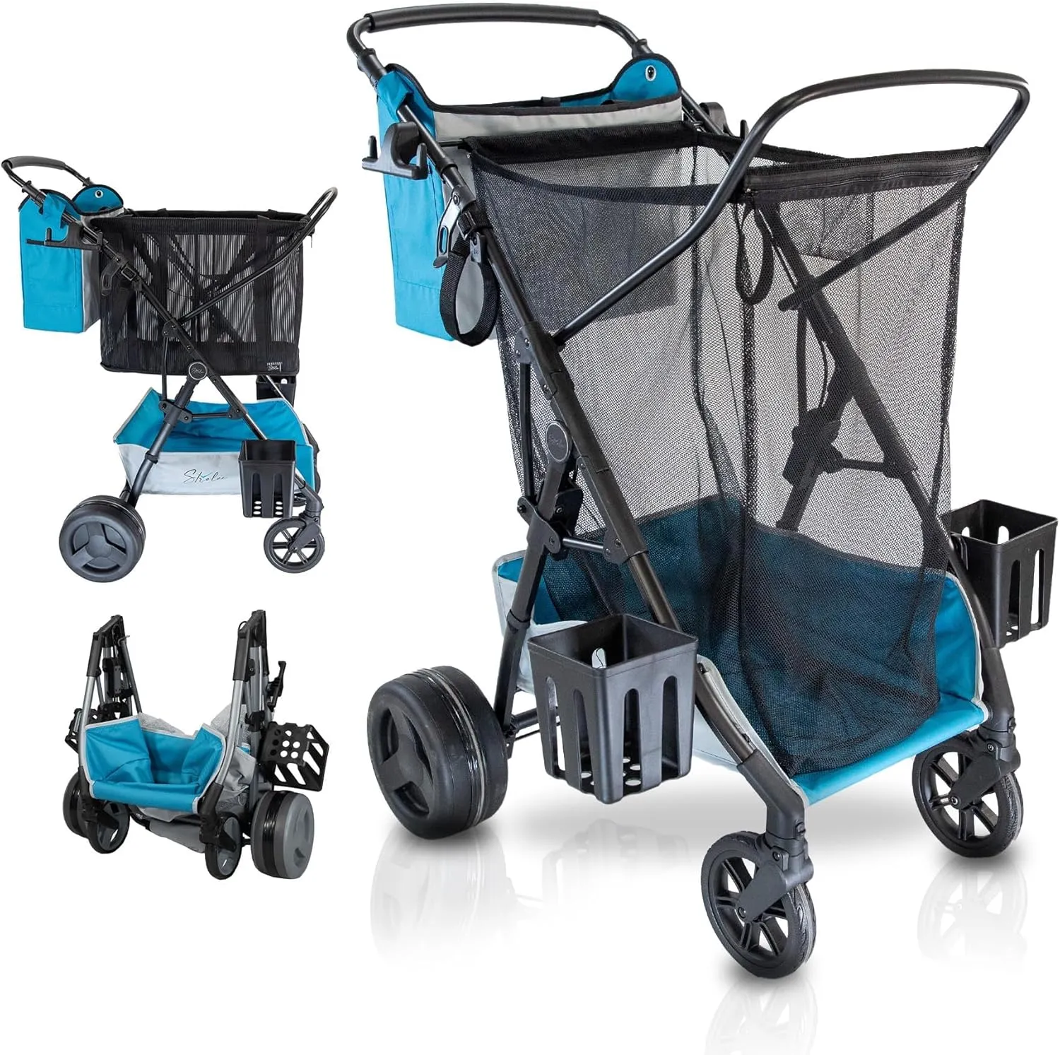 Large Wheeled Collapsible Beach Cart for Soft Sand, Shopping, Camping & Garden- Lightweight Aluminum Frame- Removable Storage Bag with Carrying Straps, X-L Capacity & Cooler Rack (Blue)