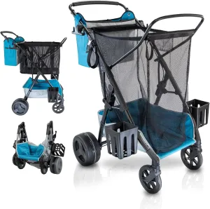 Large Wheeled Collapsible Beach Cart for Soft Sand, Shopping, Camping & Garden- Lightweight Aluminum Frame- Removable Storage Bag with Carrying Straps, X-L Capacity & Cooler Rack (Blue)
